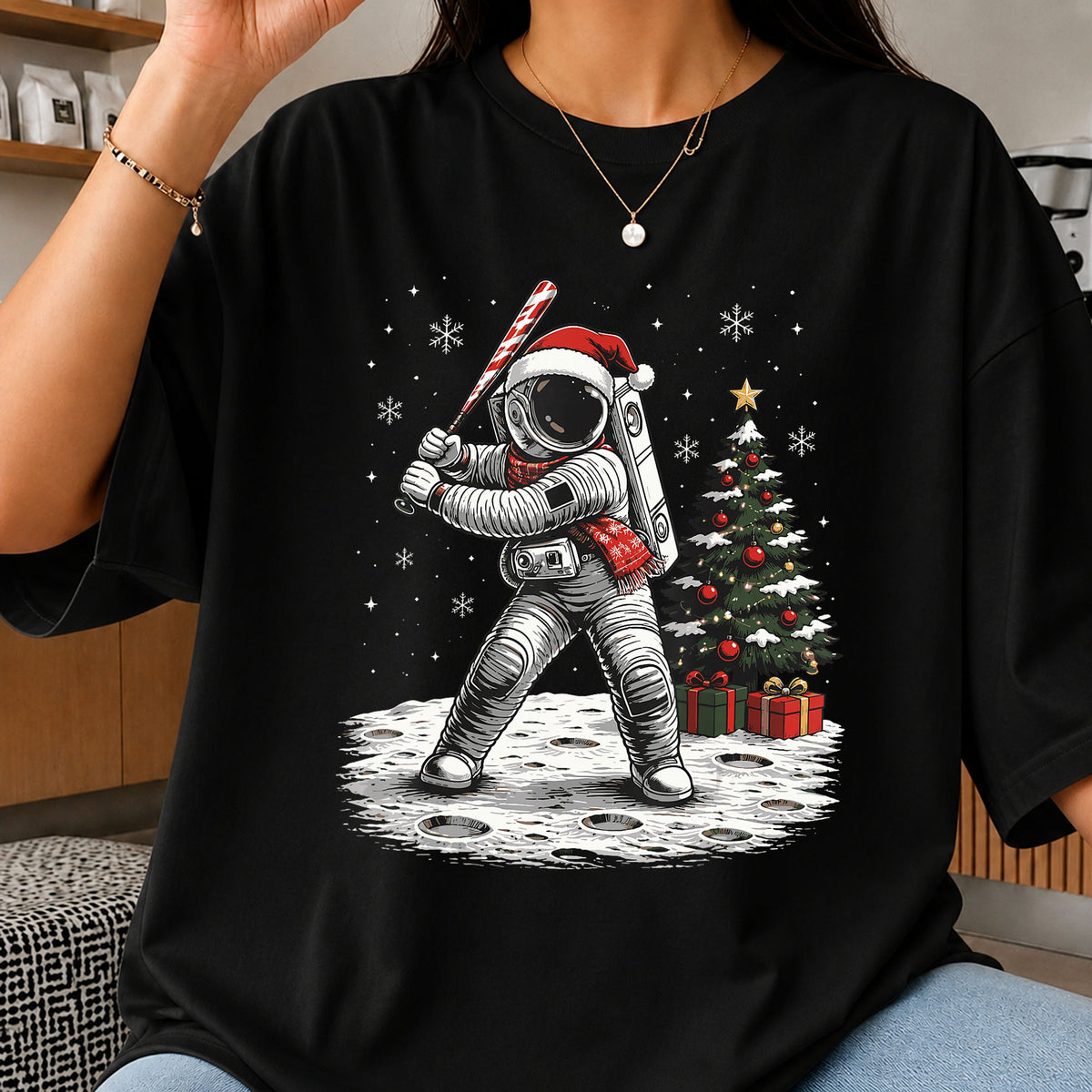 Christmas Astronaut Baseball Batter Santa Hat Moon PNG