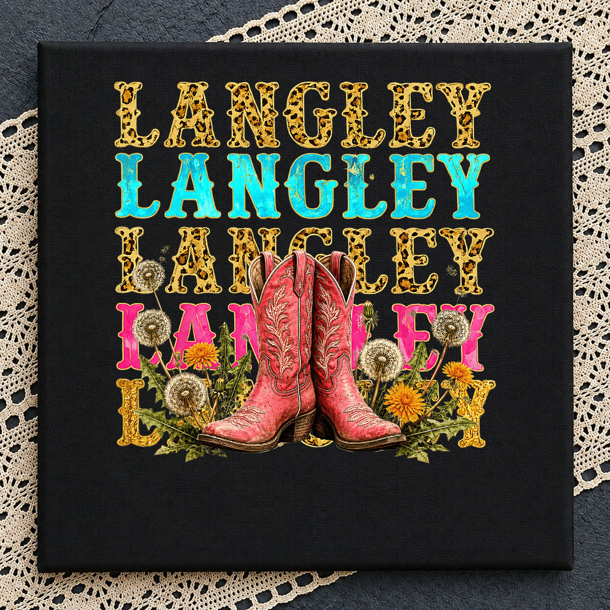 Langley Western Boots Dandelion PNG, Retro Cowgirl PNG, Name PNG