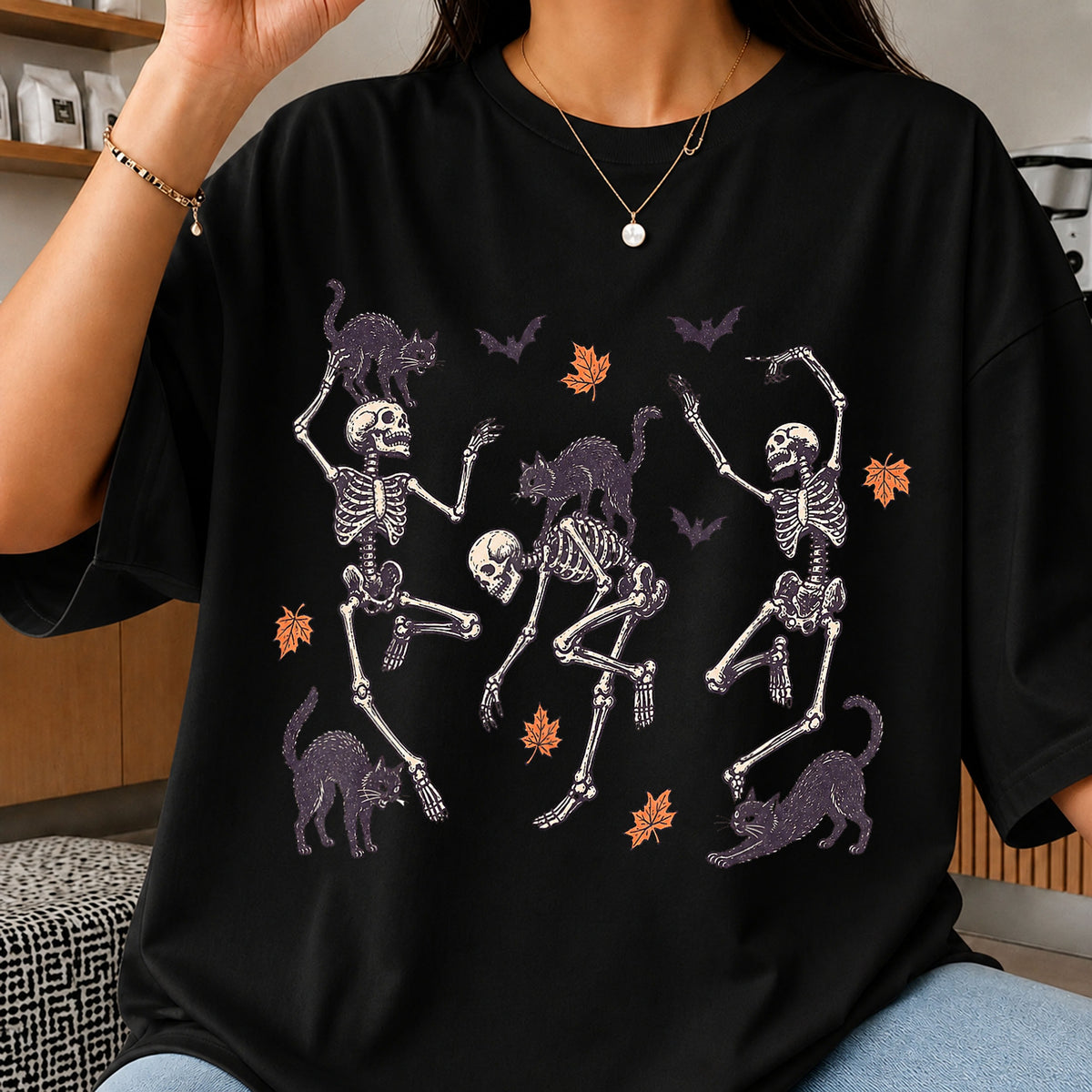 Dancing Skeletons Black Cats Halloween Fall Leaves PNG