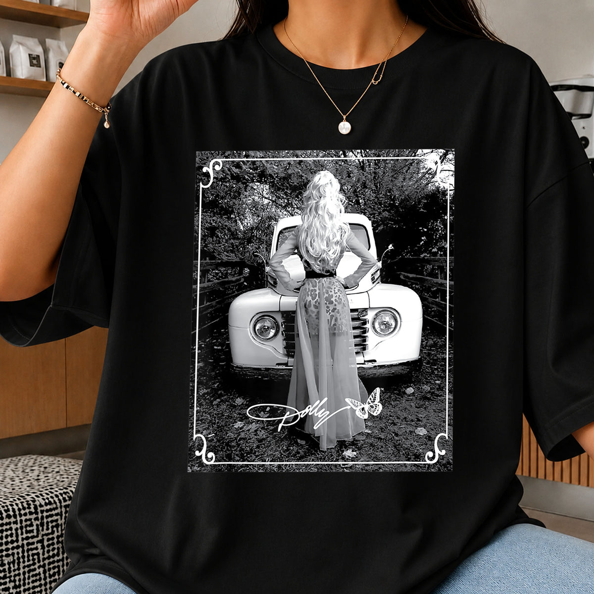 Dolly Parton Vintage Truck Black White Photo PNG