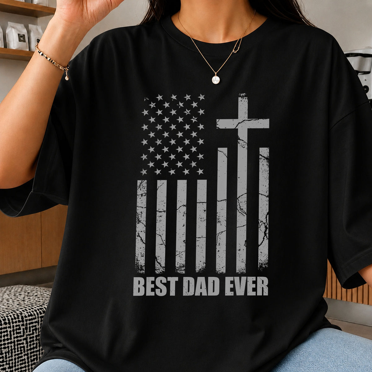 Best Dad Ever American Flag Cross Distressed PNG