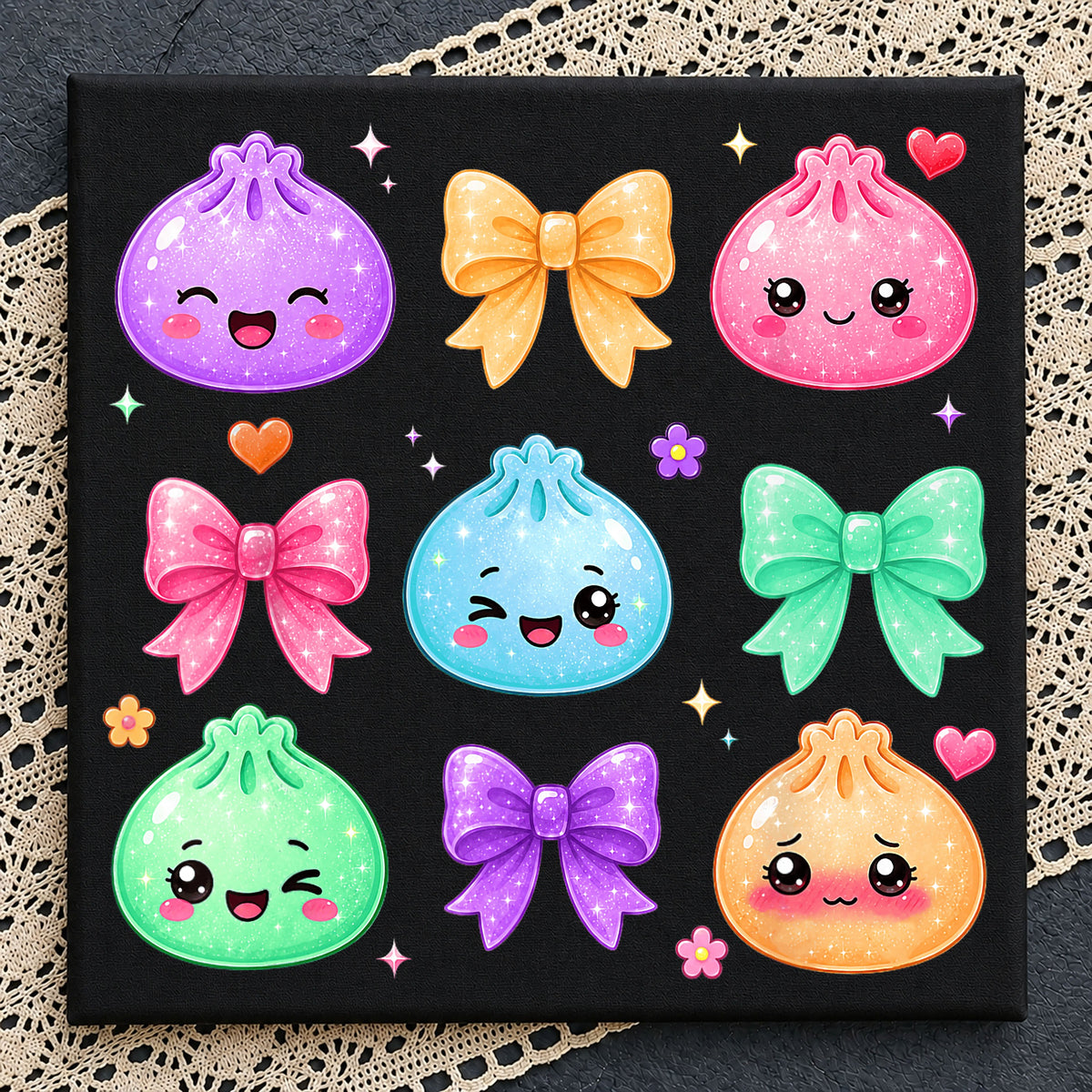 Kawaii Dumpling PNG Bundle, Cute Bow Clipart, Glitter PNG
