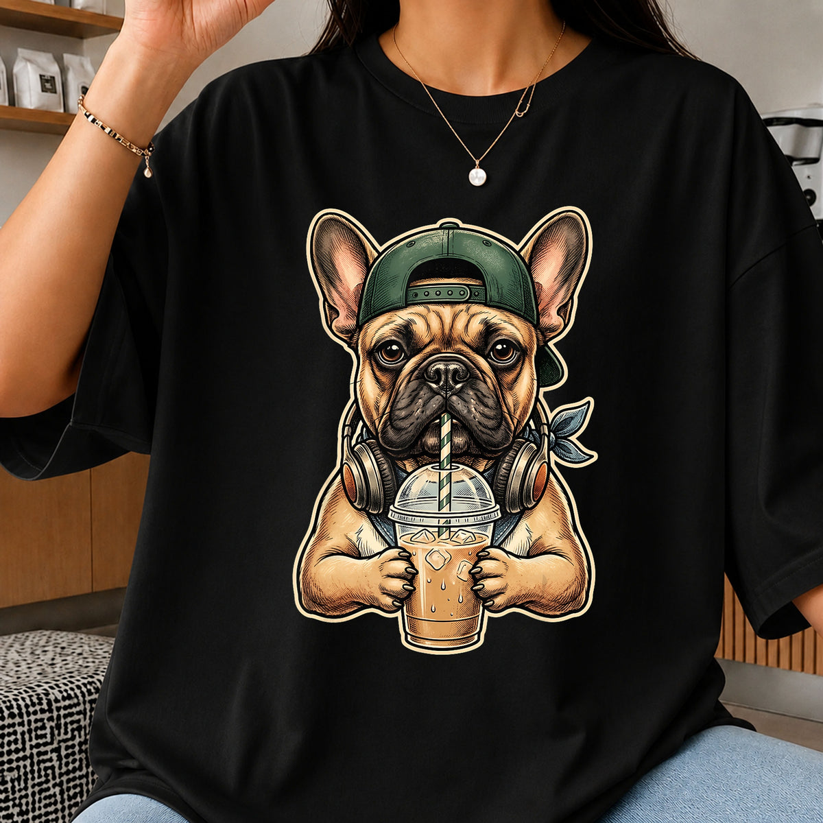 French Bulldog Iced Coffee Headphones Snapback PNG