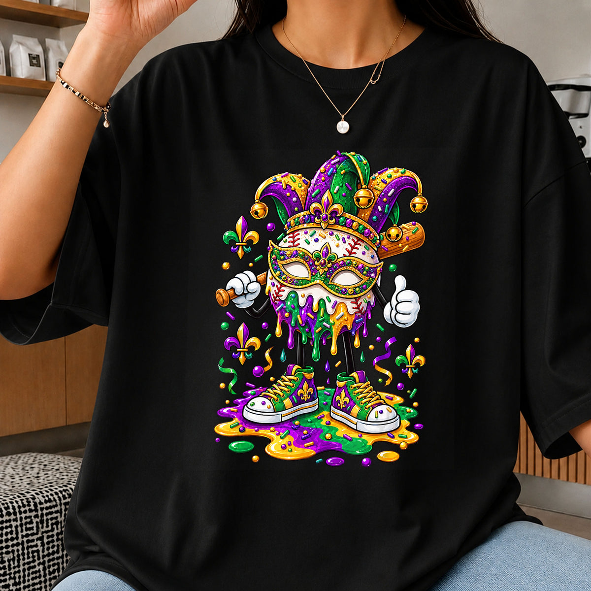 Mardi Gras Baseball Jester Mask Drip Character PNG