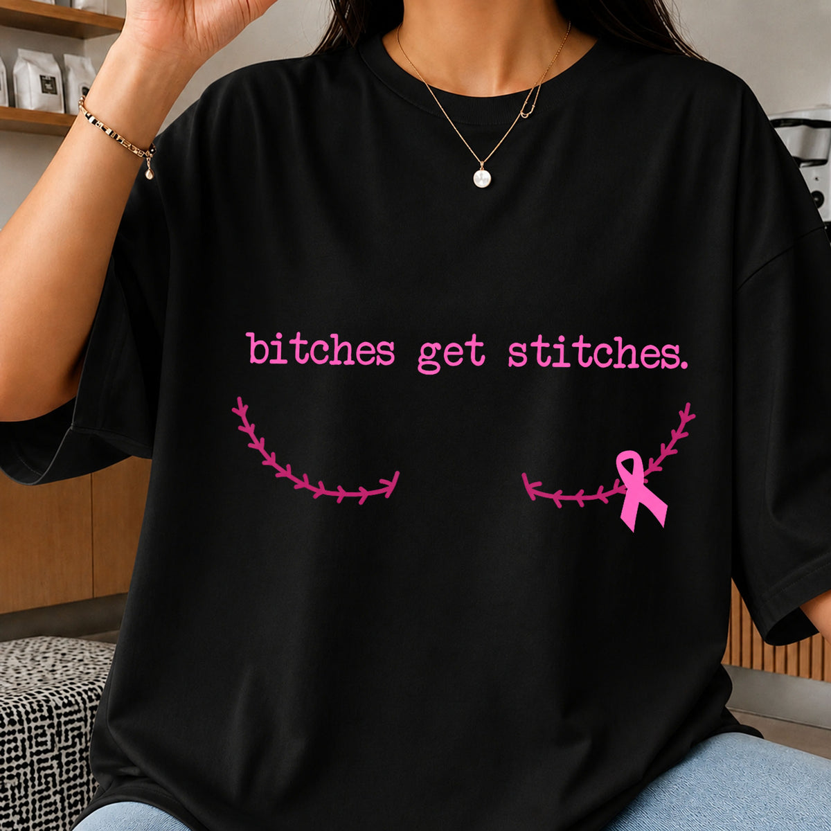 Bitches Get Stitches PNG, Breast Cancer Awareness PNG, Pink Ribbon PNG