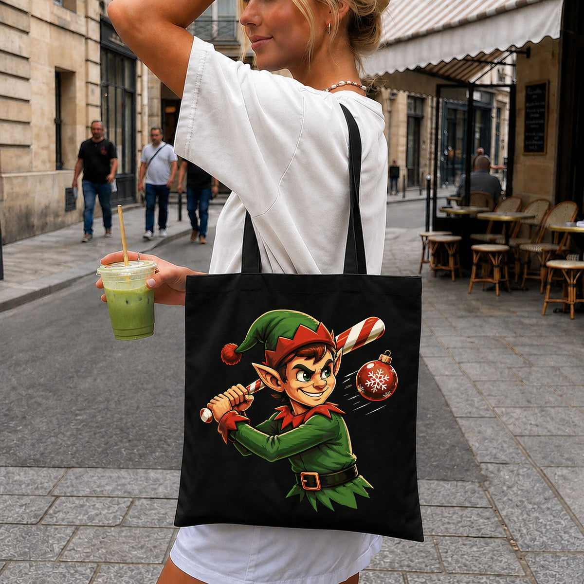 Christmas Elf Swinging Candy Cane Bat Ornament PNG