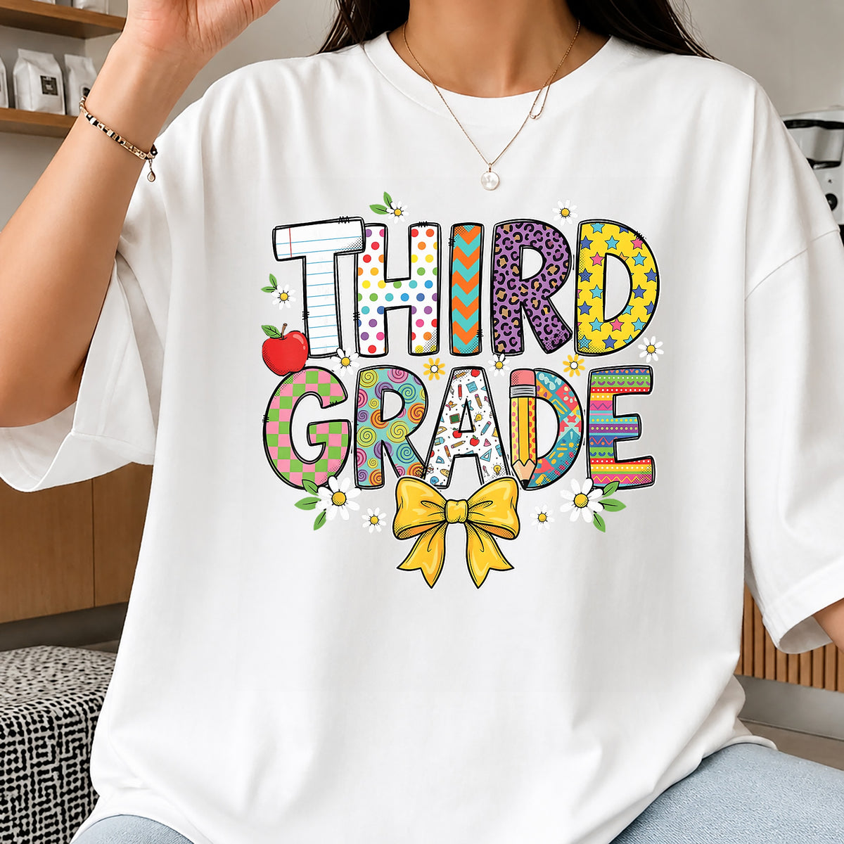 Third Grade Colorful Doodle Letters Clipart, Yellow Bow Apple Floral