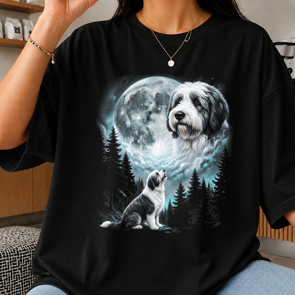 Doodle Dog Full Moon PNG, Forest Night Dog Shirt, Bernedoodle PNG