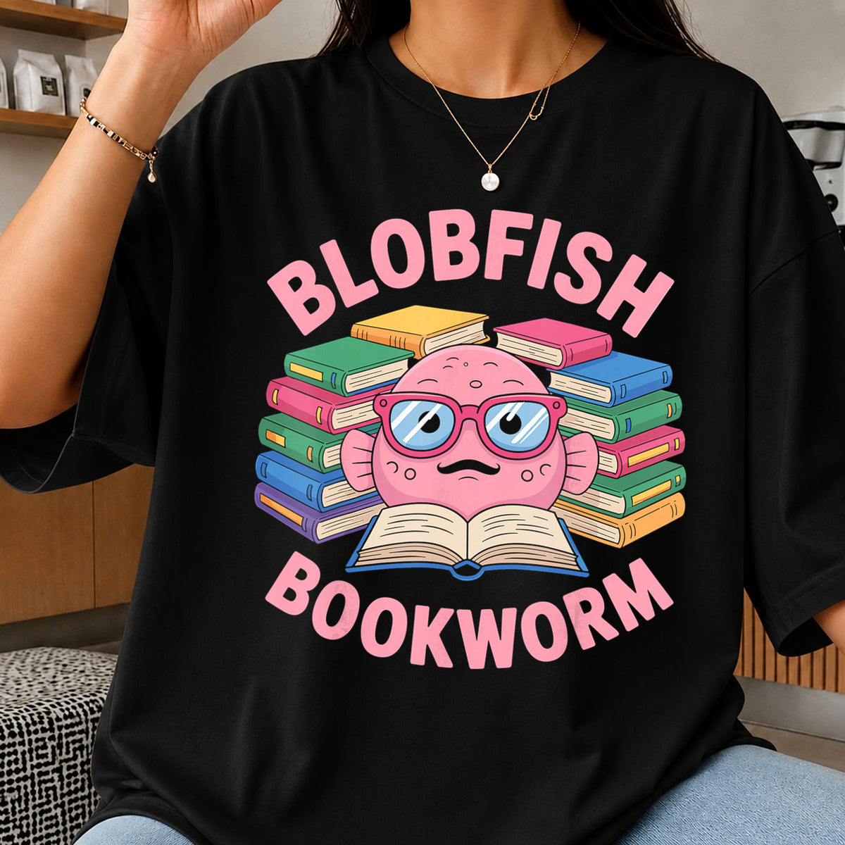 Blobfish Bookworm With Glasses Reading Books, Pink Cute Funny Clipart