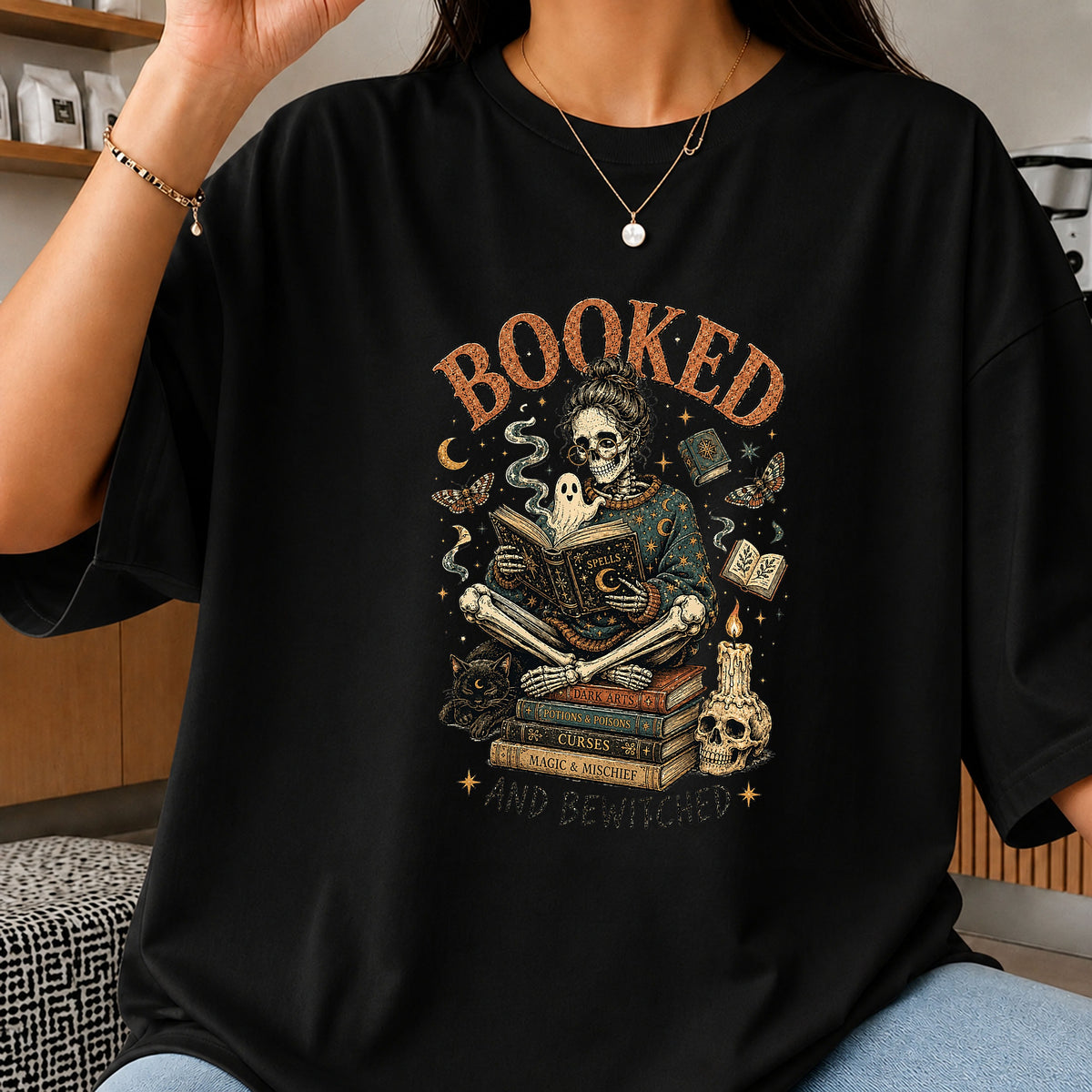 Booked And Bewitched PNG, Halloween Skeleton Reading, Witch PNG