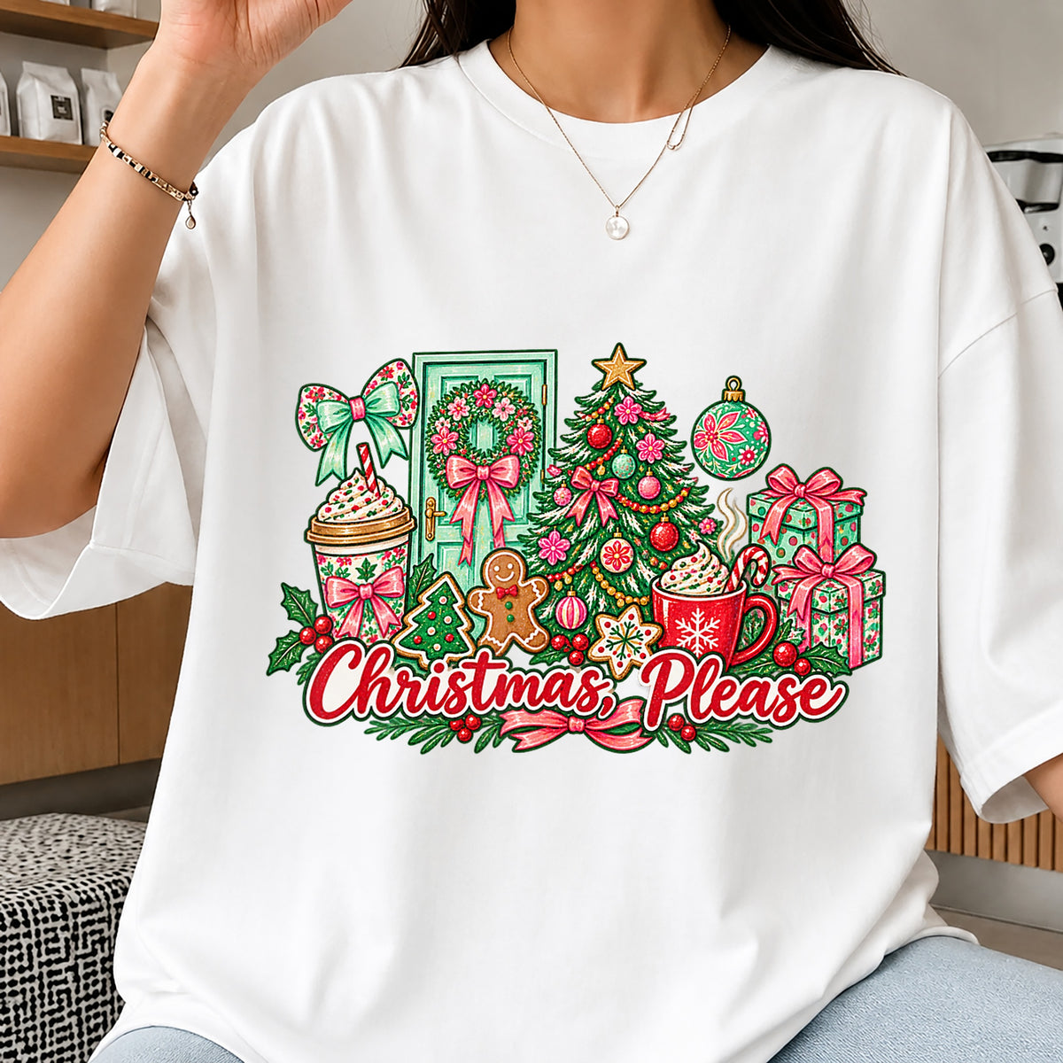 Christmas Please Sublimation Design, Coquette Bow Gingerbread Scene