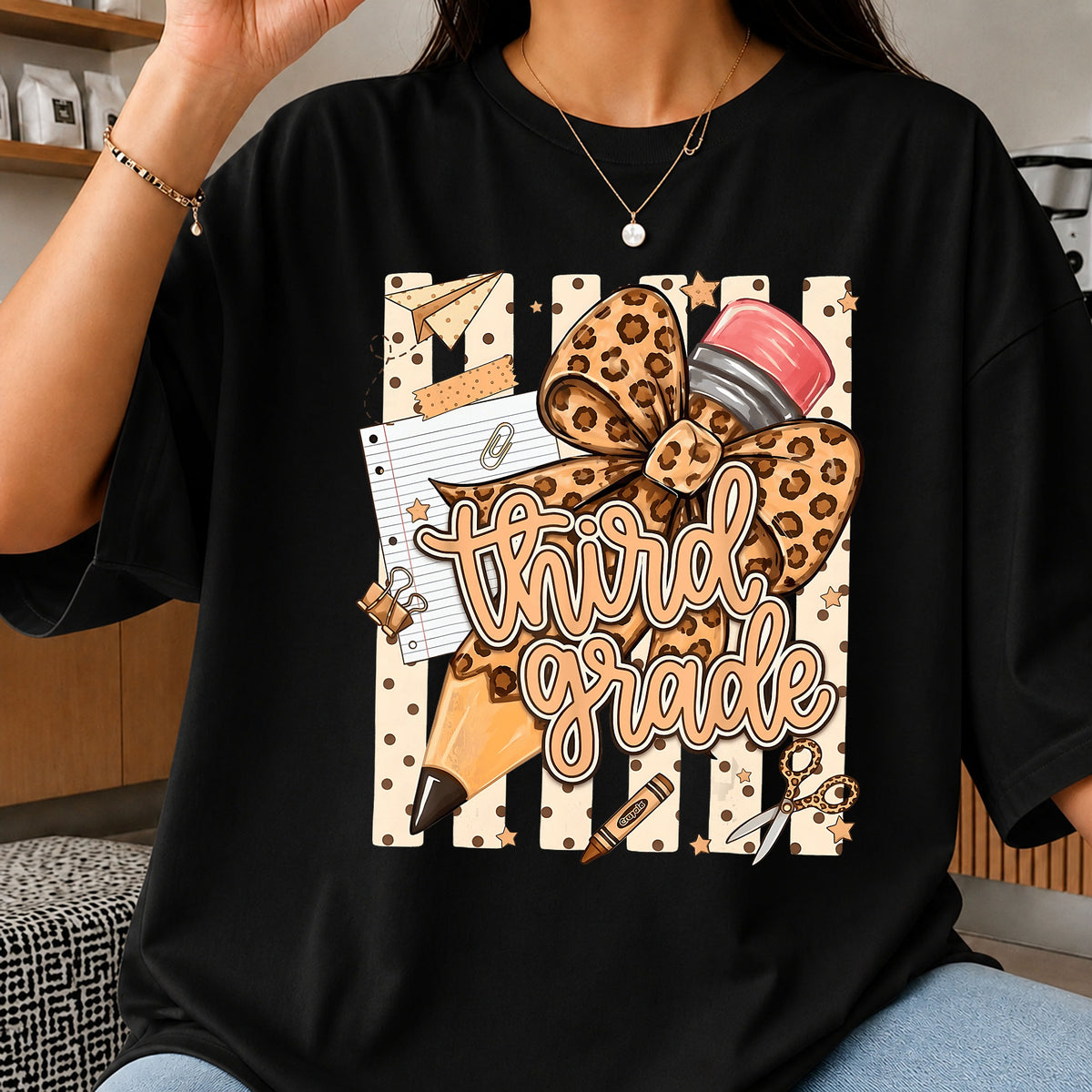 Third Grade Bow Leopard PNG, School Supplies Sublimation, 3rd Grade PNG