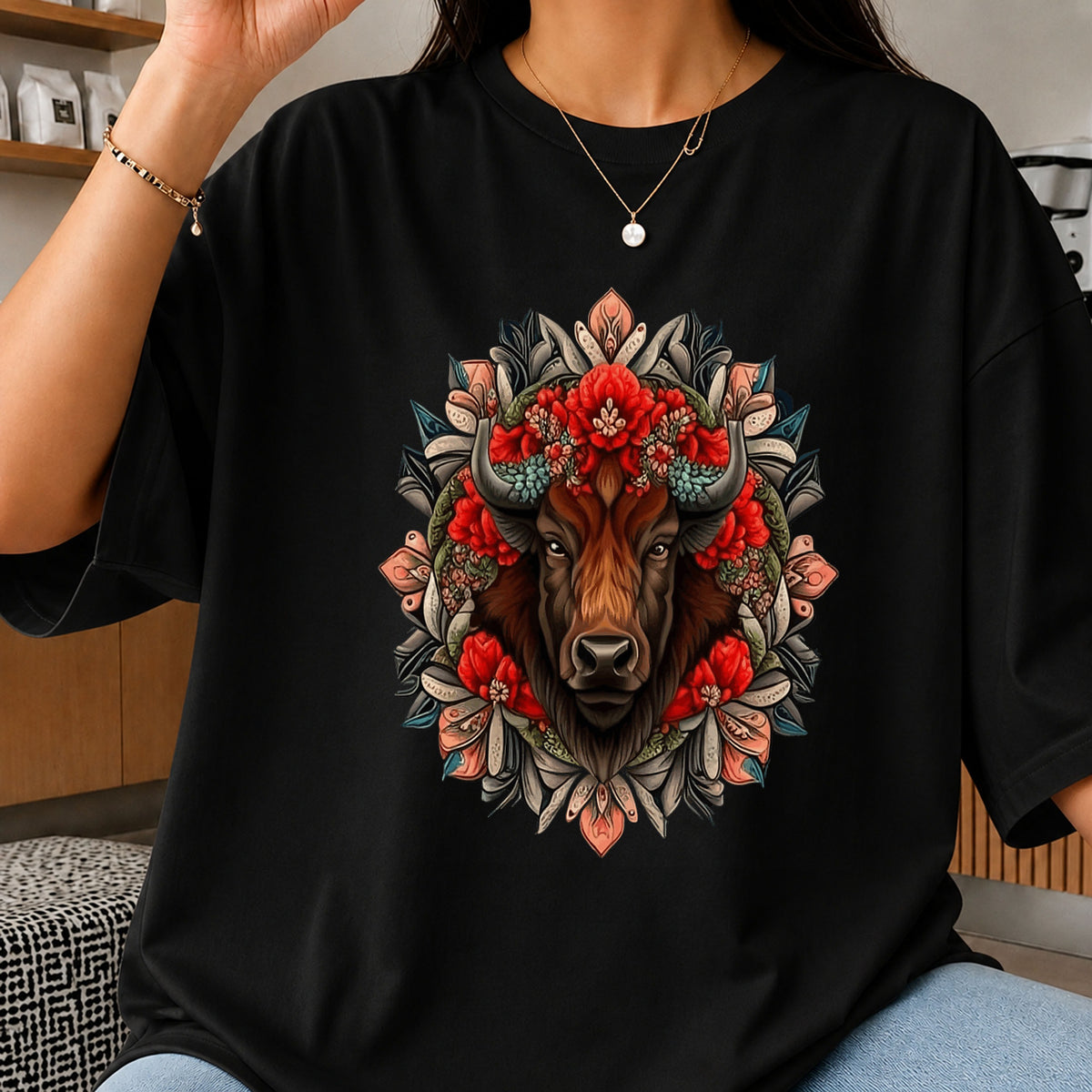 Floral Bison Head PNG, Buffalo Mandala Clipart, Western PNG