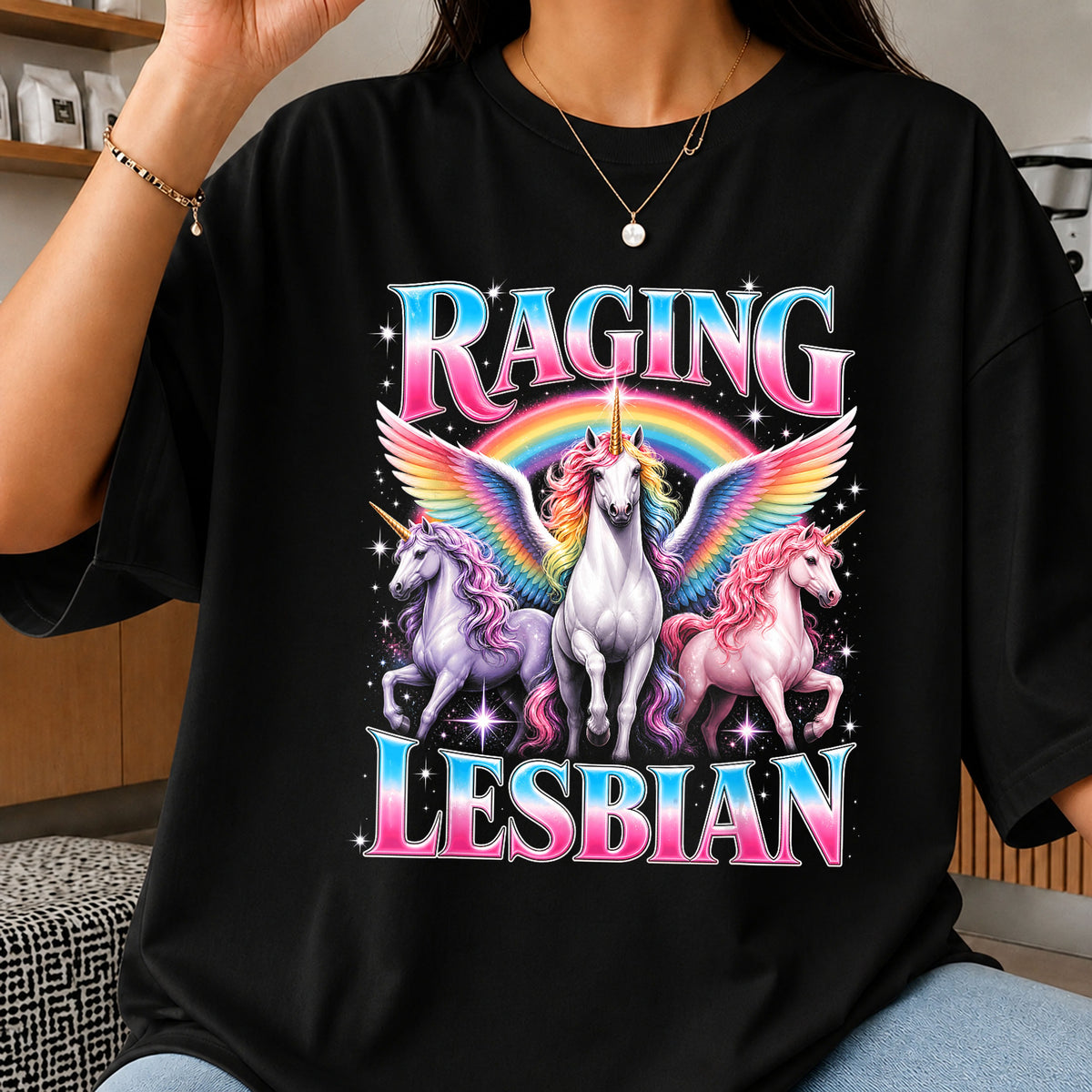 Raging Lesbian Winged Unicorn Trio Rainbow, Pink Blue Sparkle Pride