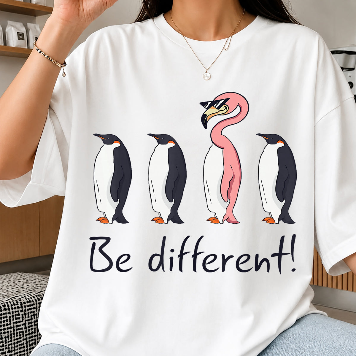 Flamingo Be Different Funny Penguin PNG, Cute Animal Humor, Bird PNG