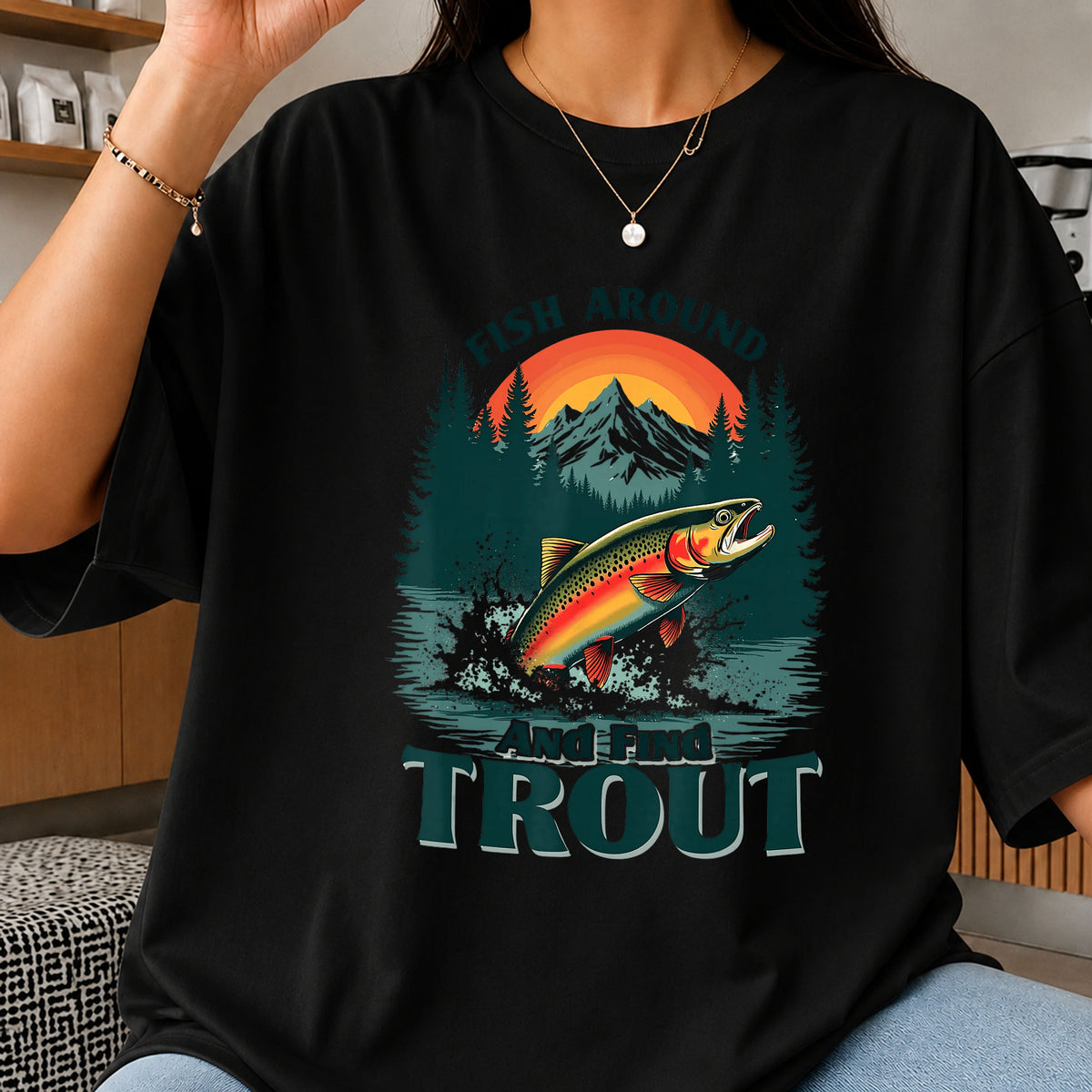 Fish Around And Find Out Trout Clipart, Jumping Fish Sunset Mountain