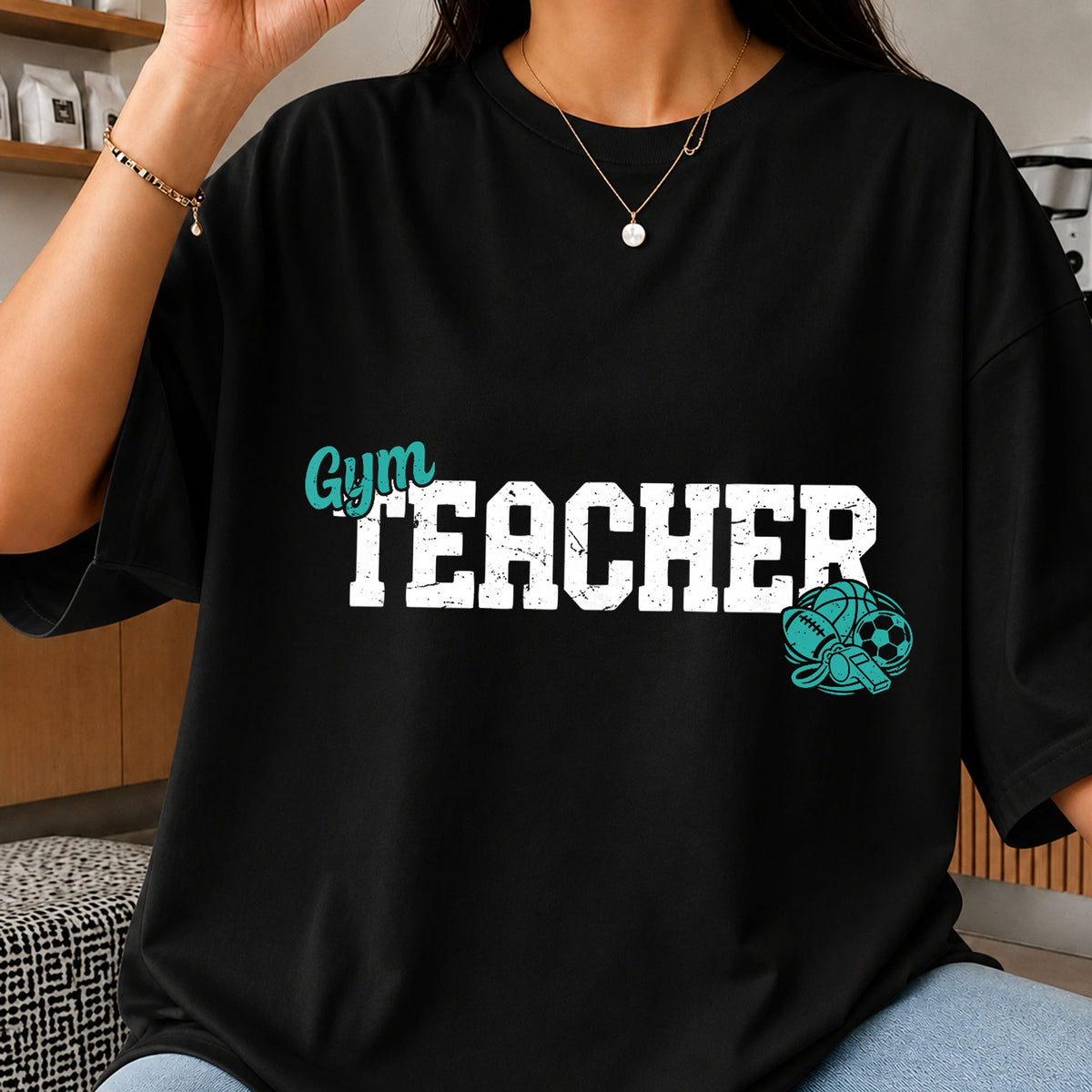 Gym Teacher, Teal Grunge Varsity Sports Balls Whistle, PE