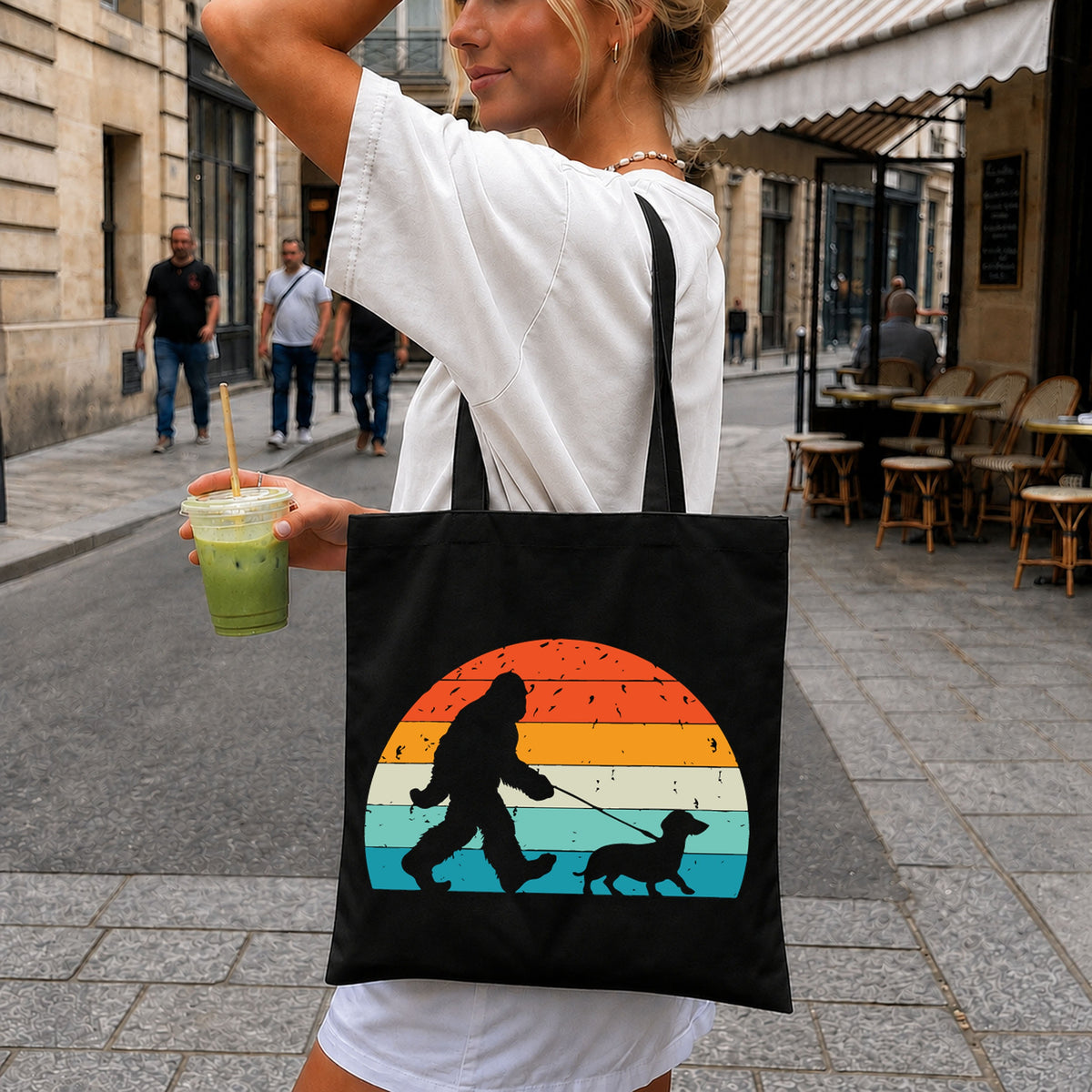 Bigfoot Walking Dog Retro Sunset Stripes Clipart PNG