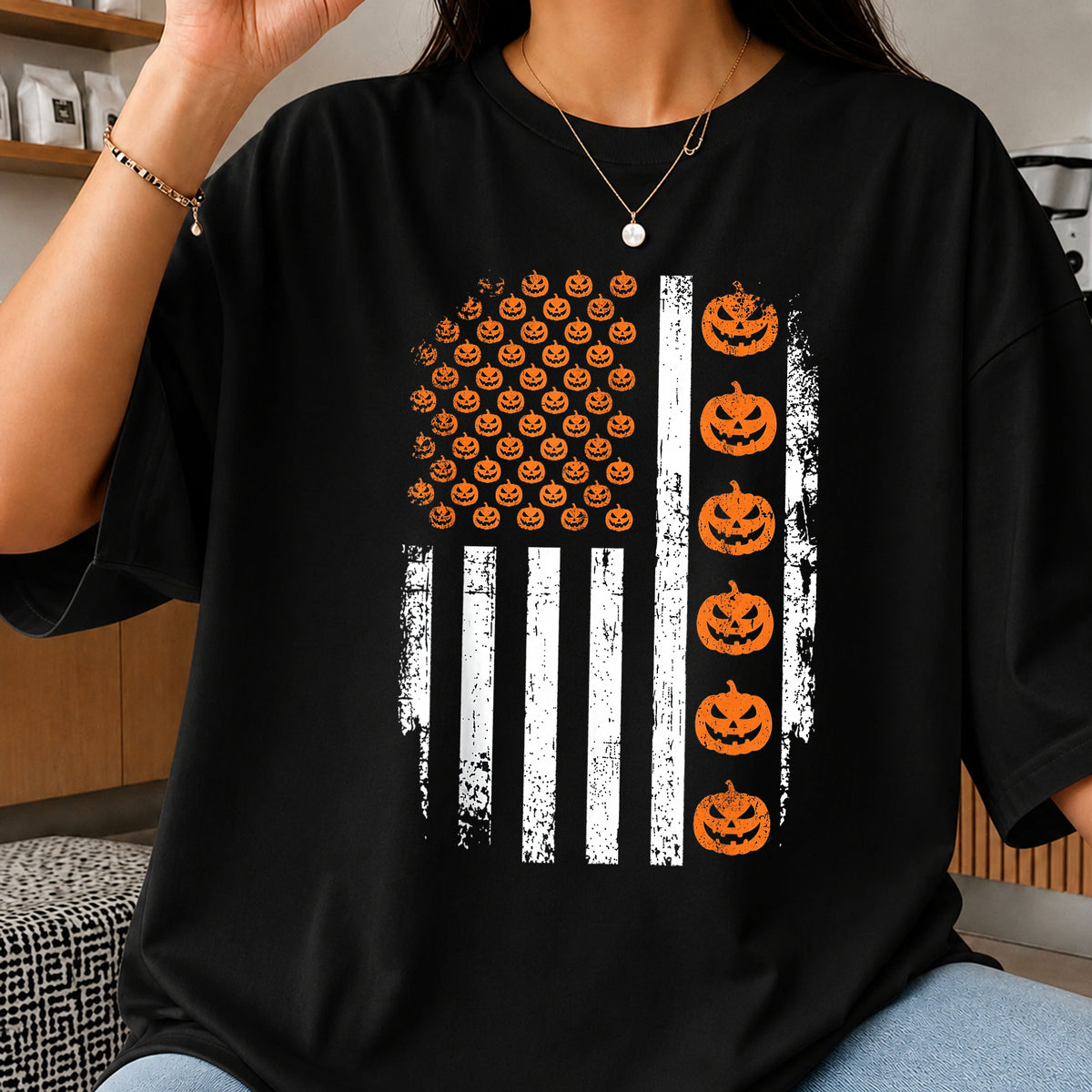 Halloween Pumpkin American Flag PNG, Grunge Flag, Halloween PNG