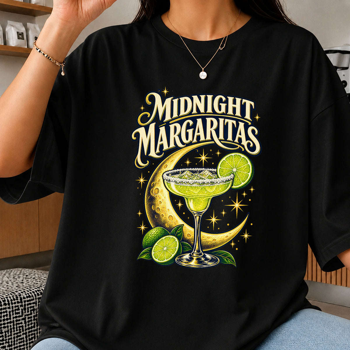 Midnight Margaritas Crescent Moon Lime Clipart, Gold Stars Night