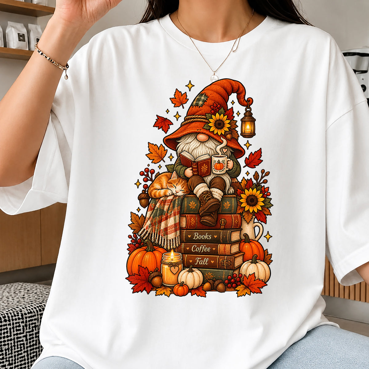 Fall Gnome Reading Books Coffee Clipart, Sunflower Pumpkin Cat Scene