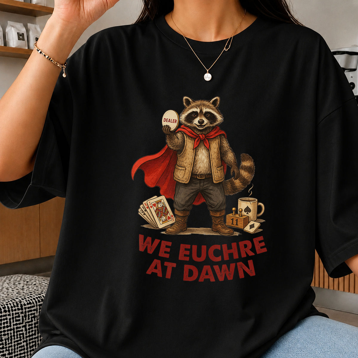 We Euchre At Dawn Raccoon Clipart, Red Cape Dealer Card Game, Neon v8