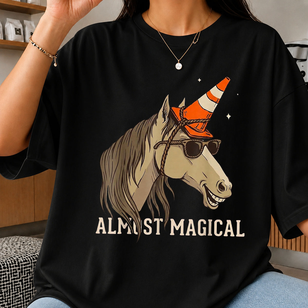Almost Magical Horse Traffic Cone Hat Sunglasses, Sarcastic Grin Quote