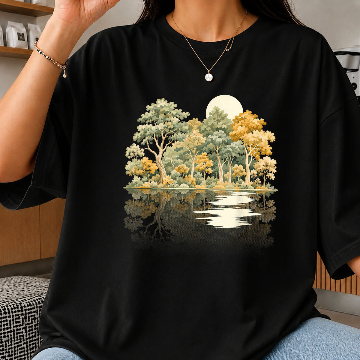 Watercolor Forest Lake Reflection PNG, Nature Trees Clipart, Moon PNG