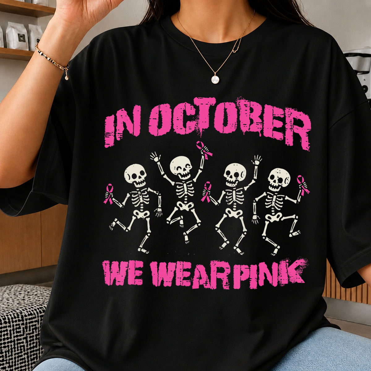 Breast Cancer Skeleton PNG, In October We Wear Pink, Dancing Skeleton PNG