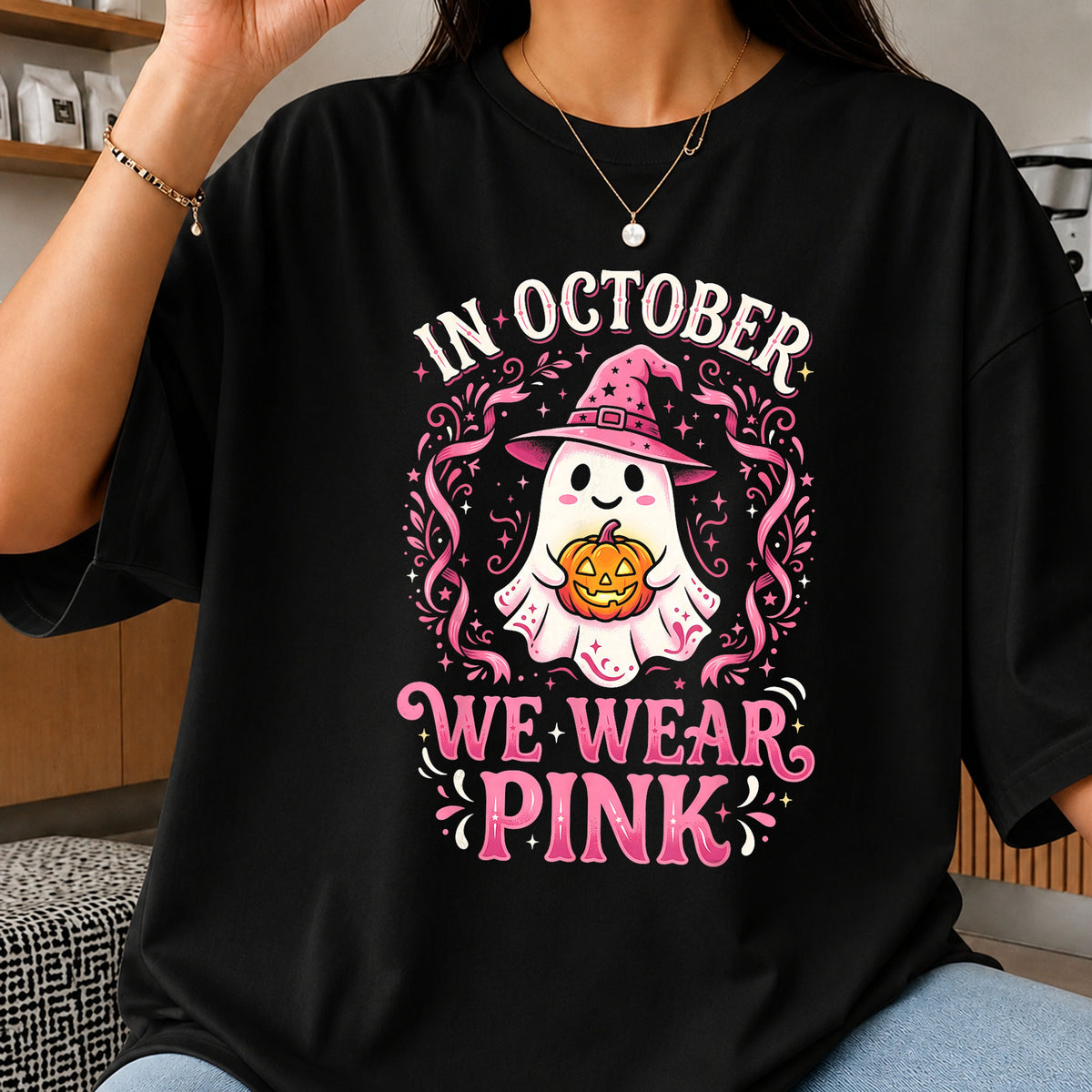 In October We Wear Pink Ghost Witch Pumpkin Quote, Sparkle Pink Floral