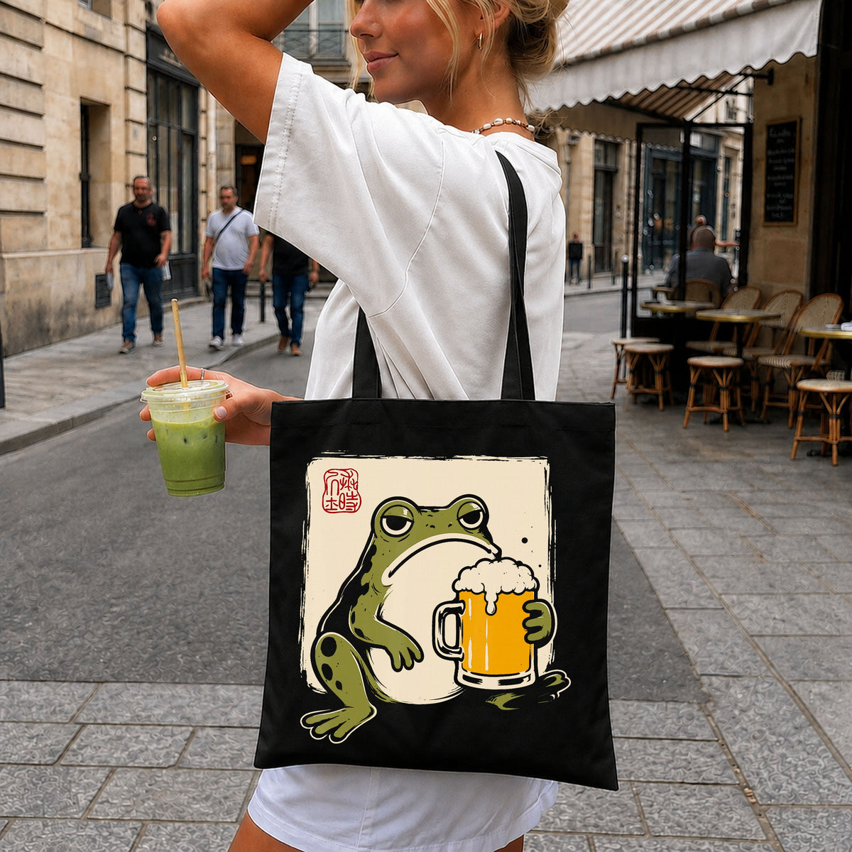 Grumpy Frog Drinking Beer Japanese Art Style PNG
