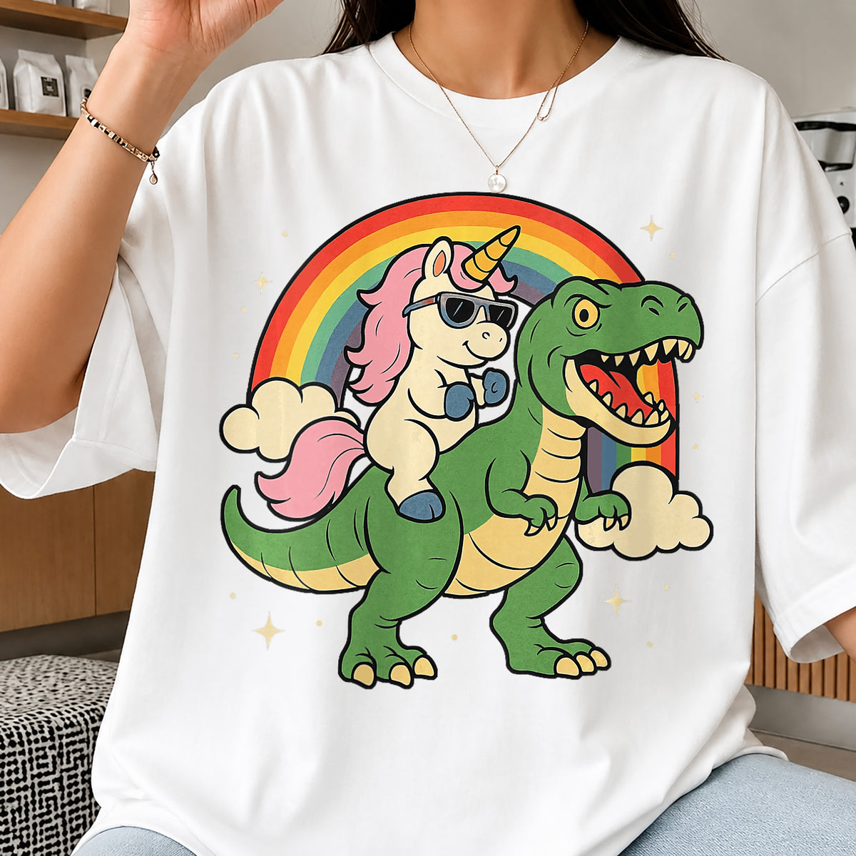 Unicorn Riding Dinosaur PNG, Rainbow T-Rex Clipart, Funny PNG