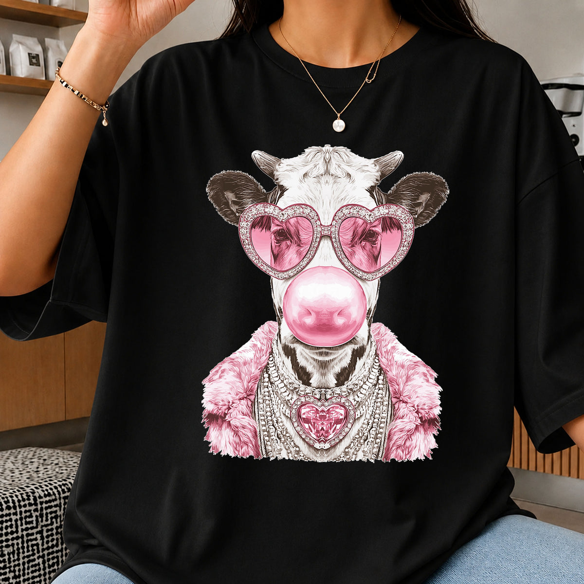 Glamour Cow Bubble Gum PNG, Cute Cow Pink Glasses, Sassy Cow PNG