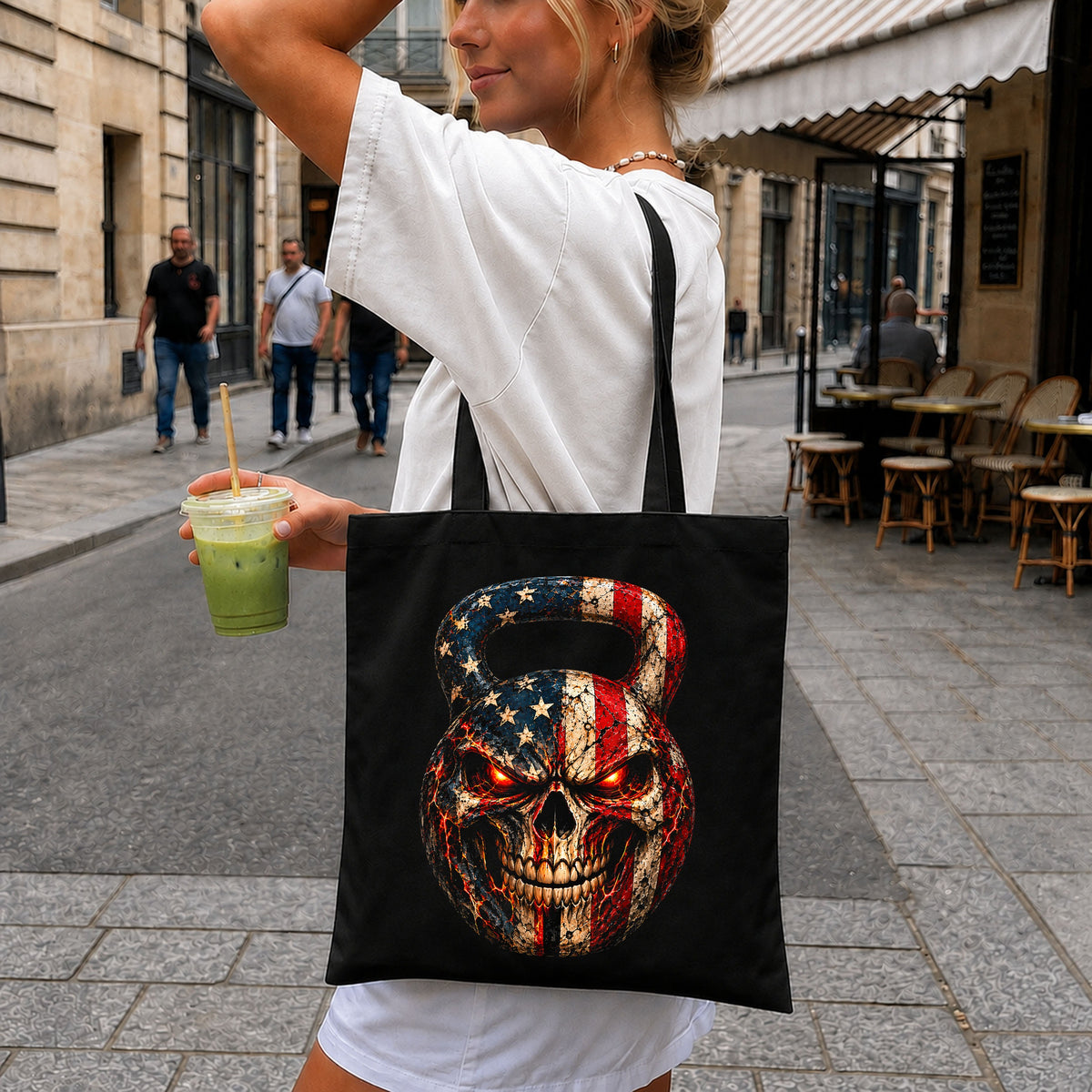 Skull Kettlebell American Flag PNG, Patriotic Gym Clipart v2