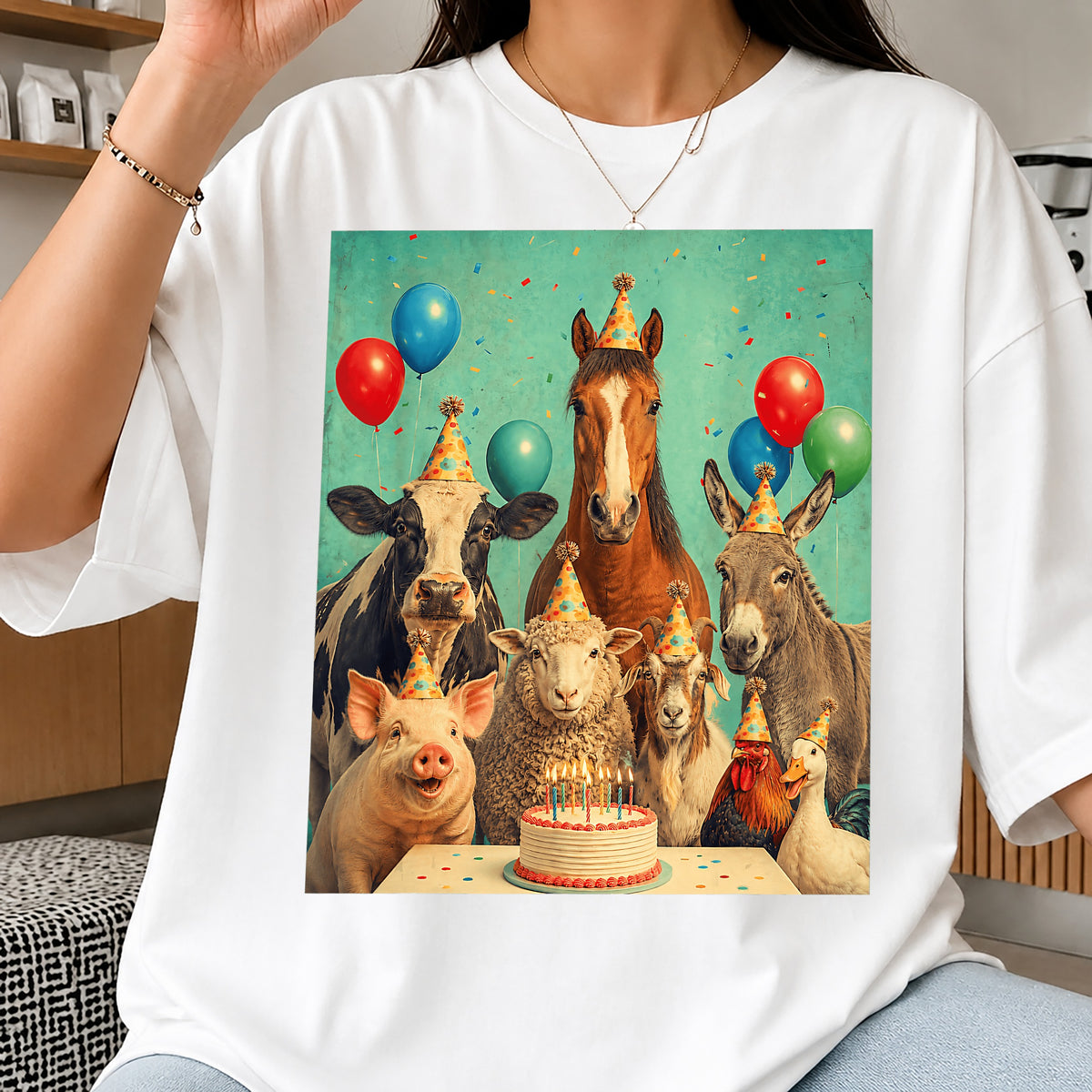 Farm Animals Birthday Party Clipart, Cake Balloons Party Hats Scene