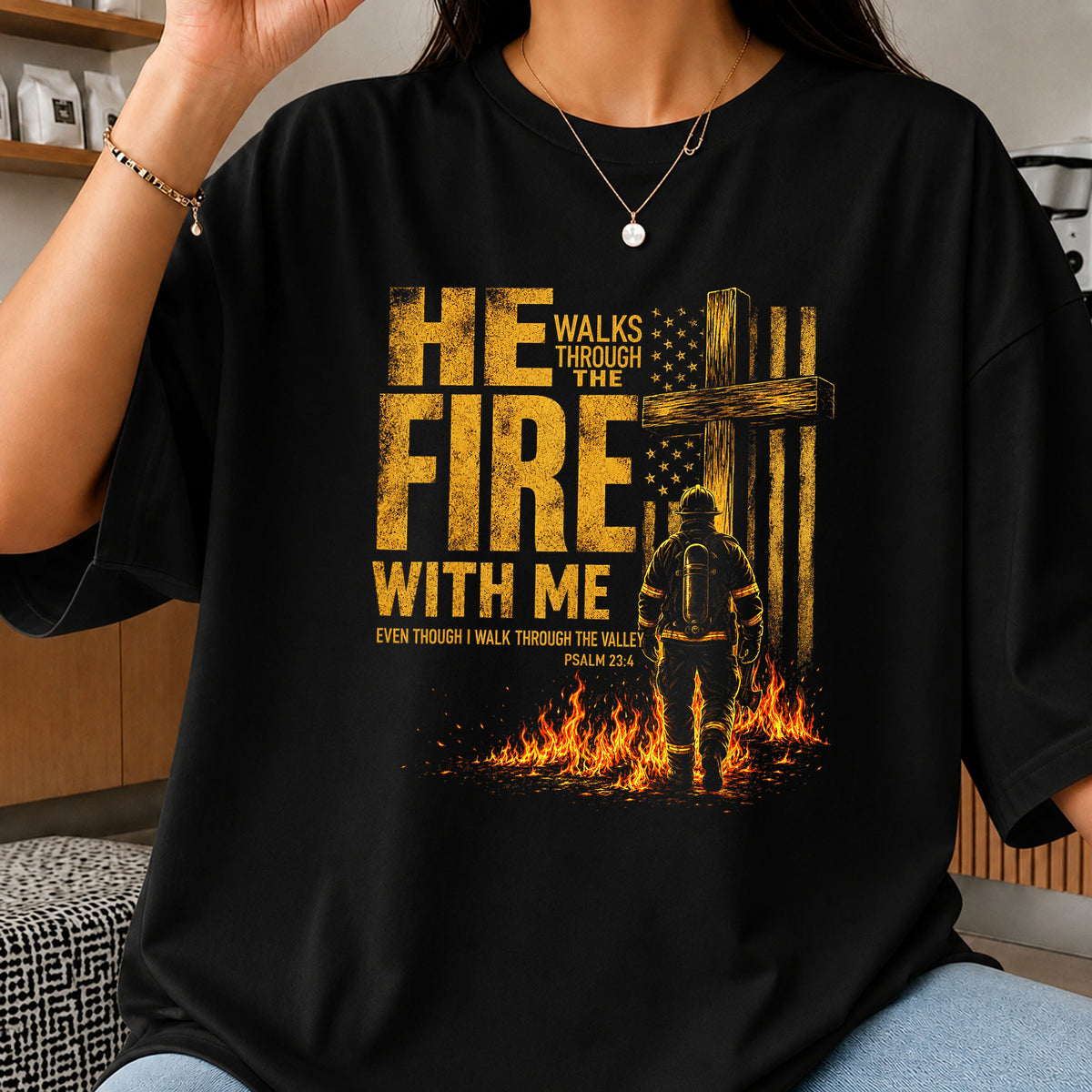 He Walks Through Fire PNG, Firefighter Cross PNG, Psalm 23 4 PNG