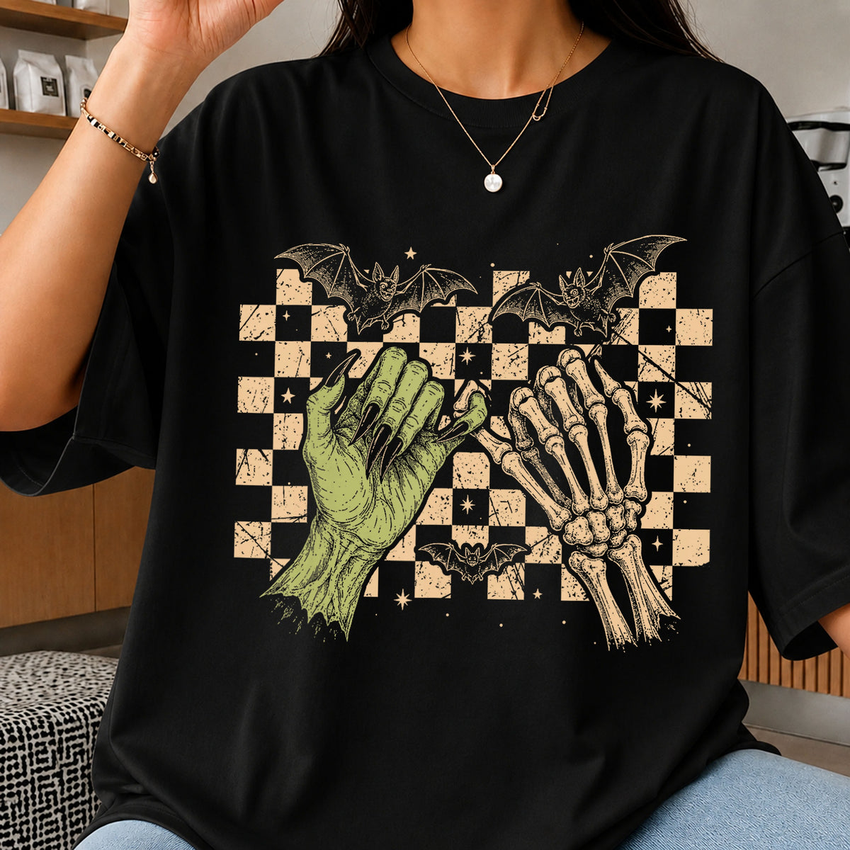 Halloween Skeleton Witch Hand PNG, Spooky Bat Checkered PNG