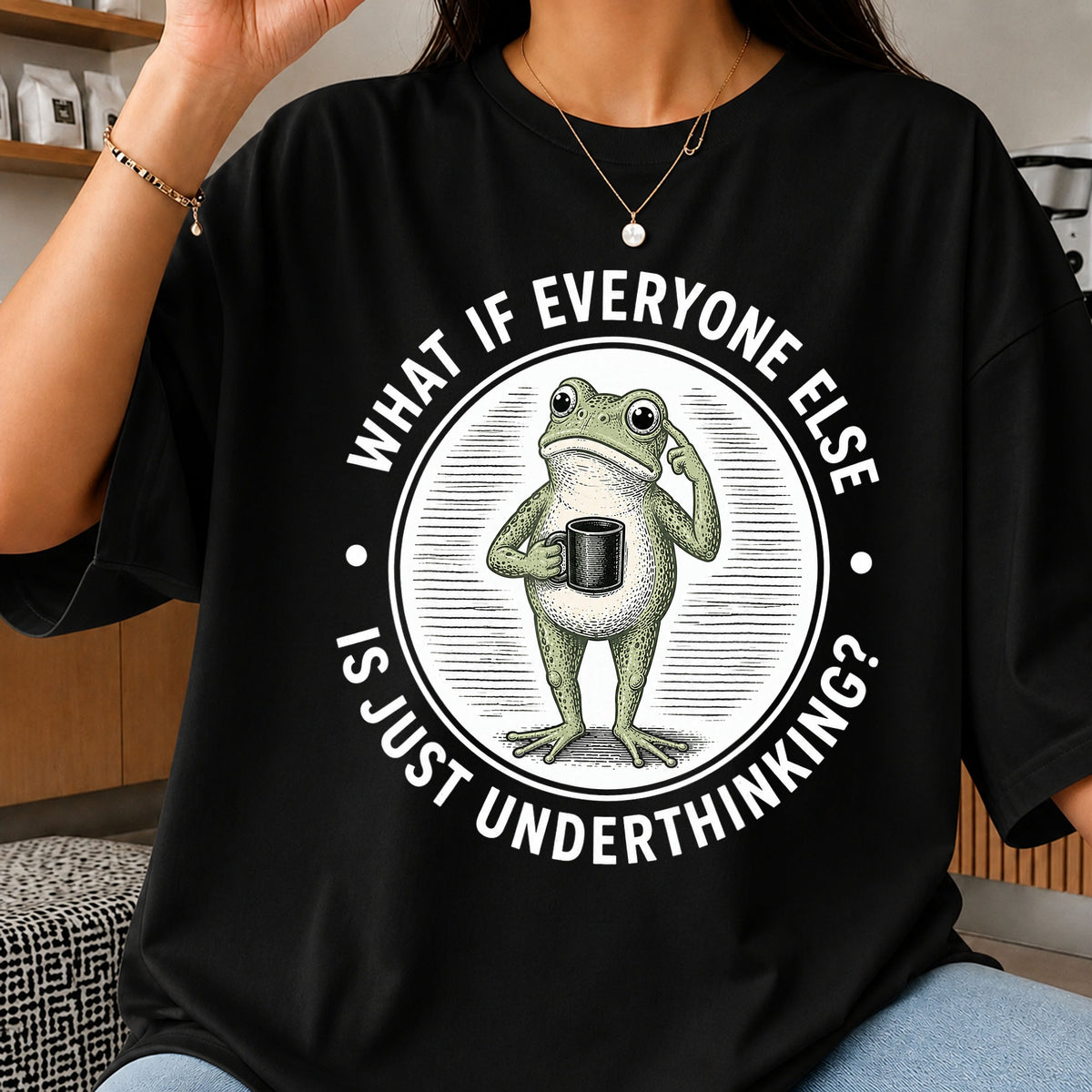 Funny Frog Overthinking PNG, Frog With Coffee Mug PNG, Sarcastic Frog PNG