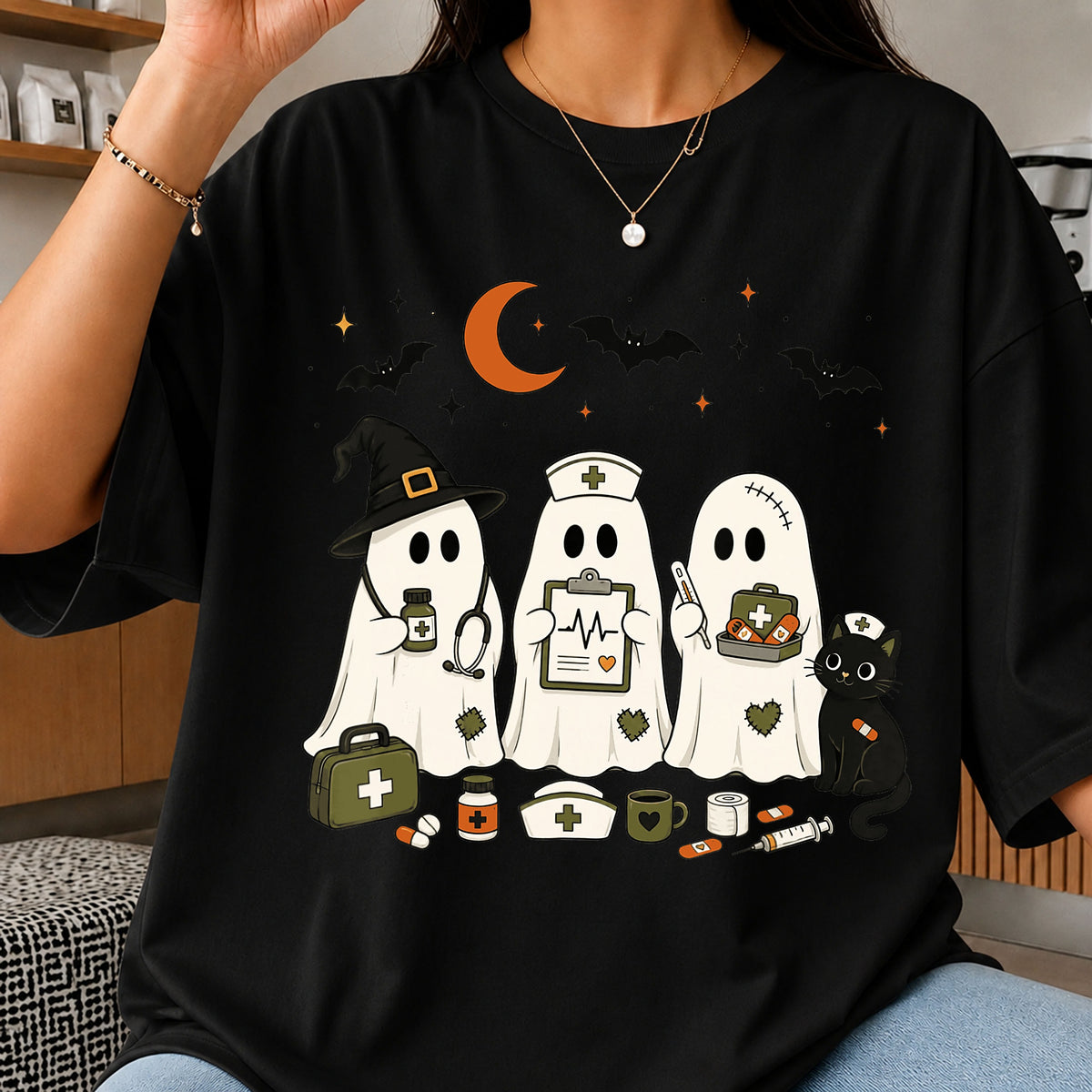 Halloween Ghost Nurse Clipart, Witch Hat Black Cat Medical Scene