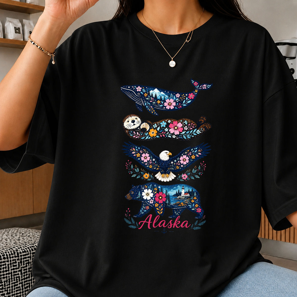 Alaska Wildlife Floral Clipart, Whale Otter Eagle Bear Stack, Nature