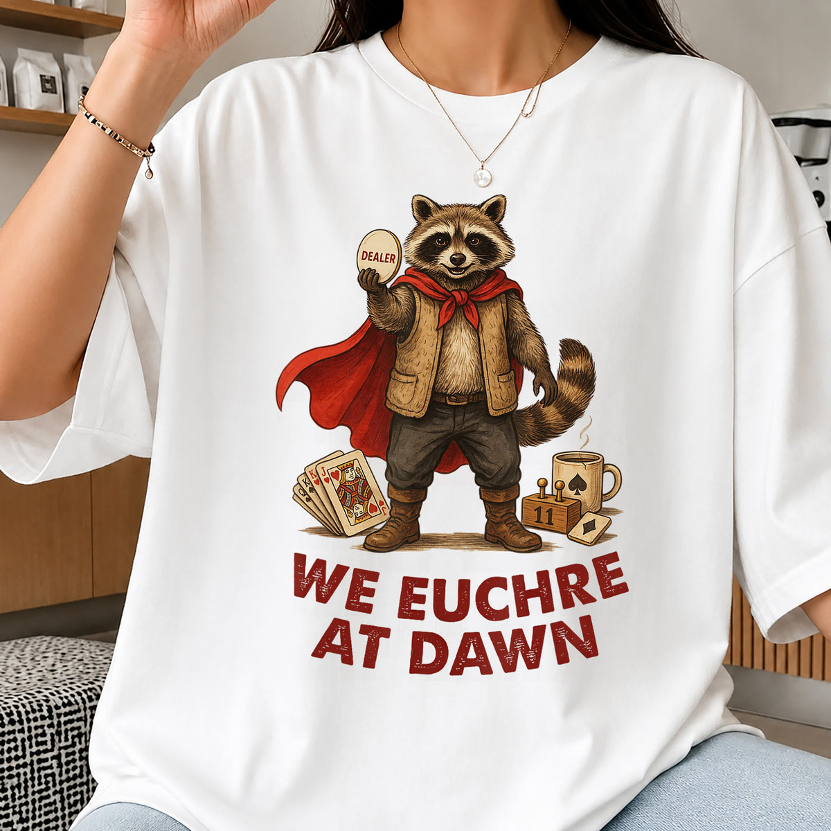 We Euchre At Dawn Raccoon Dealer Clipart, Red Cape Cards, Badge PNG