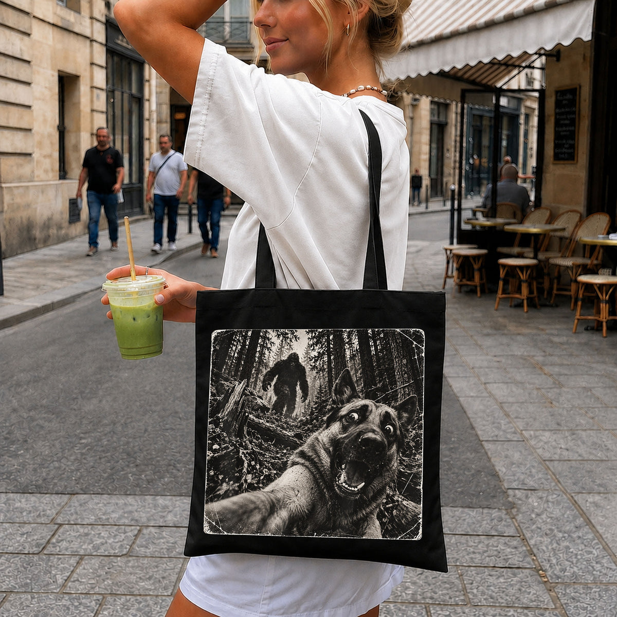 German Shepherd Selfie With Bigfoot Forest Scene PNG