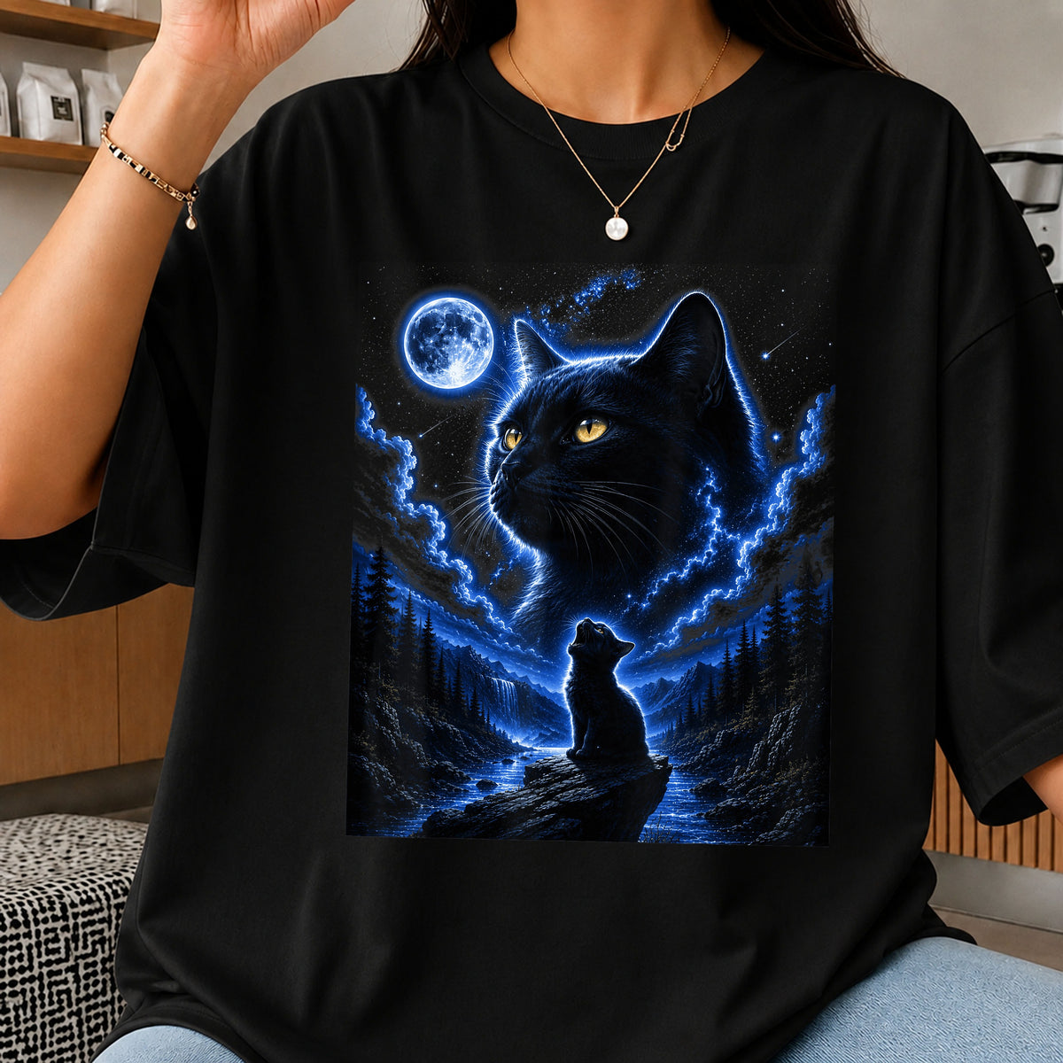 Mystical Black Cat Moon PNG, Night Sky Cat Clipart, Cat PNG