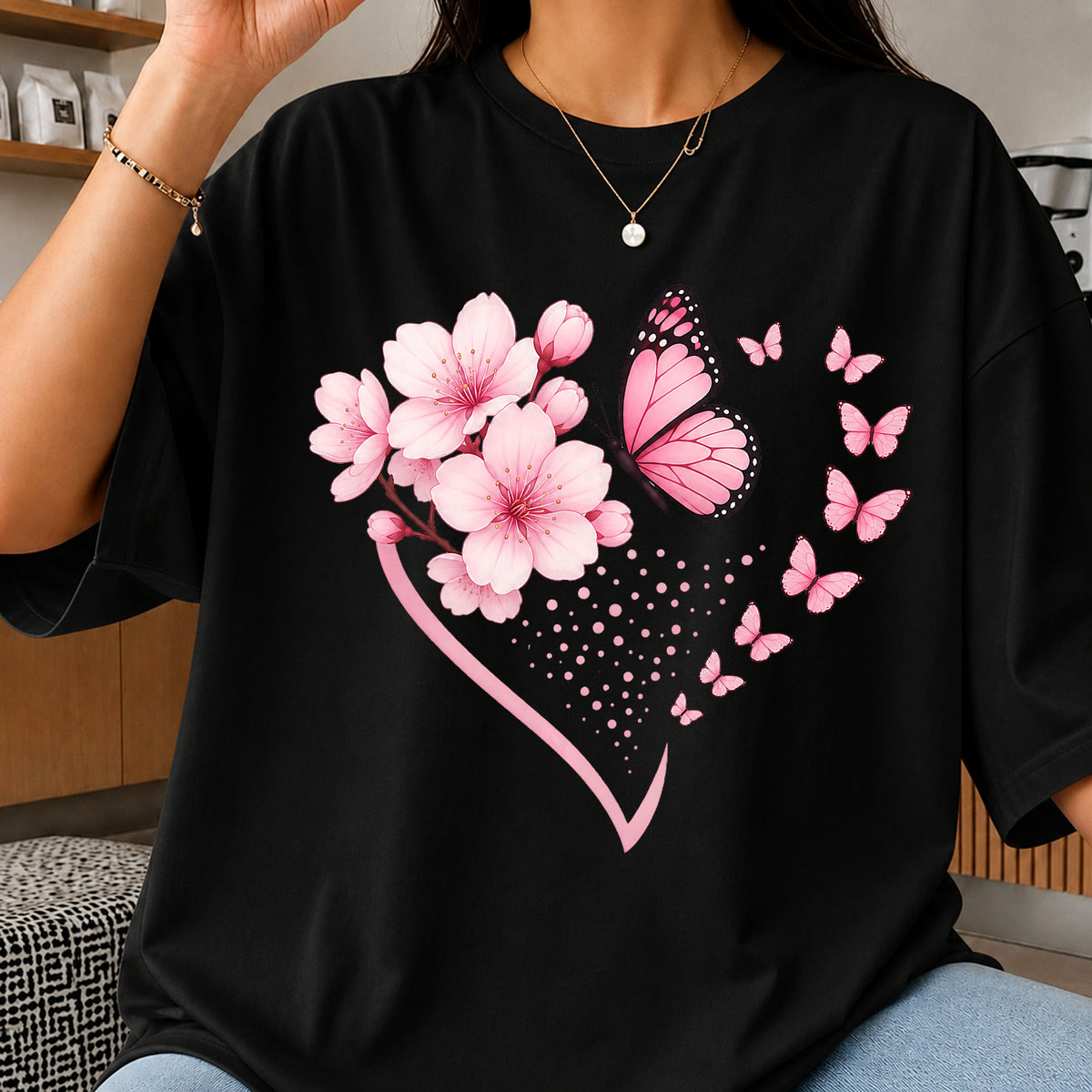 Butterfly Heart PNG, Cherry Blossom Floral Heart, Pink PNG