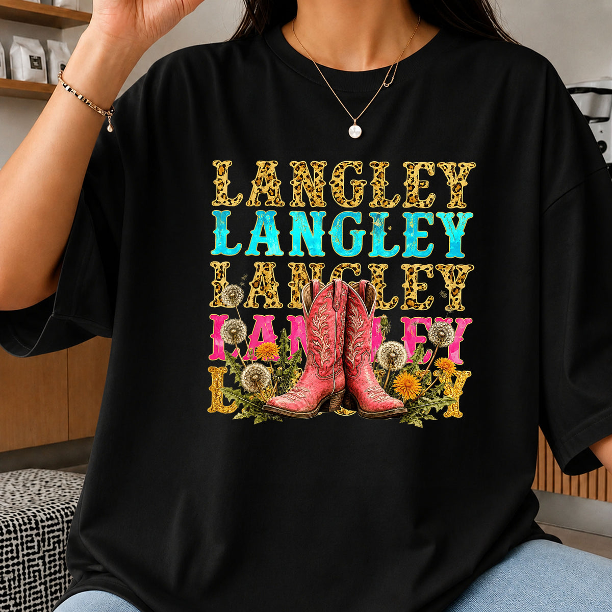 Langley Western Boots Dandelion PNG, Retro Cowgirl PNG, Name PNG
