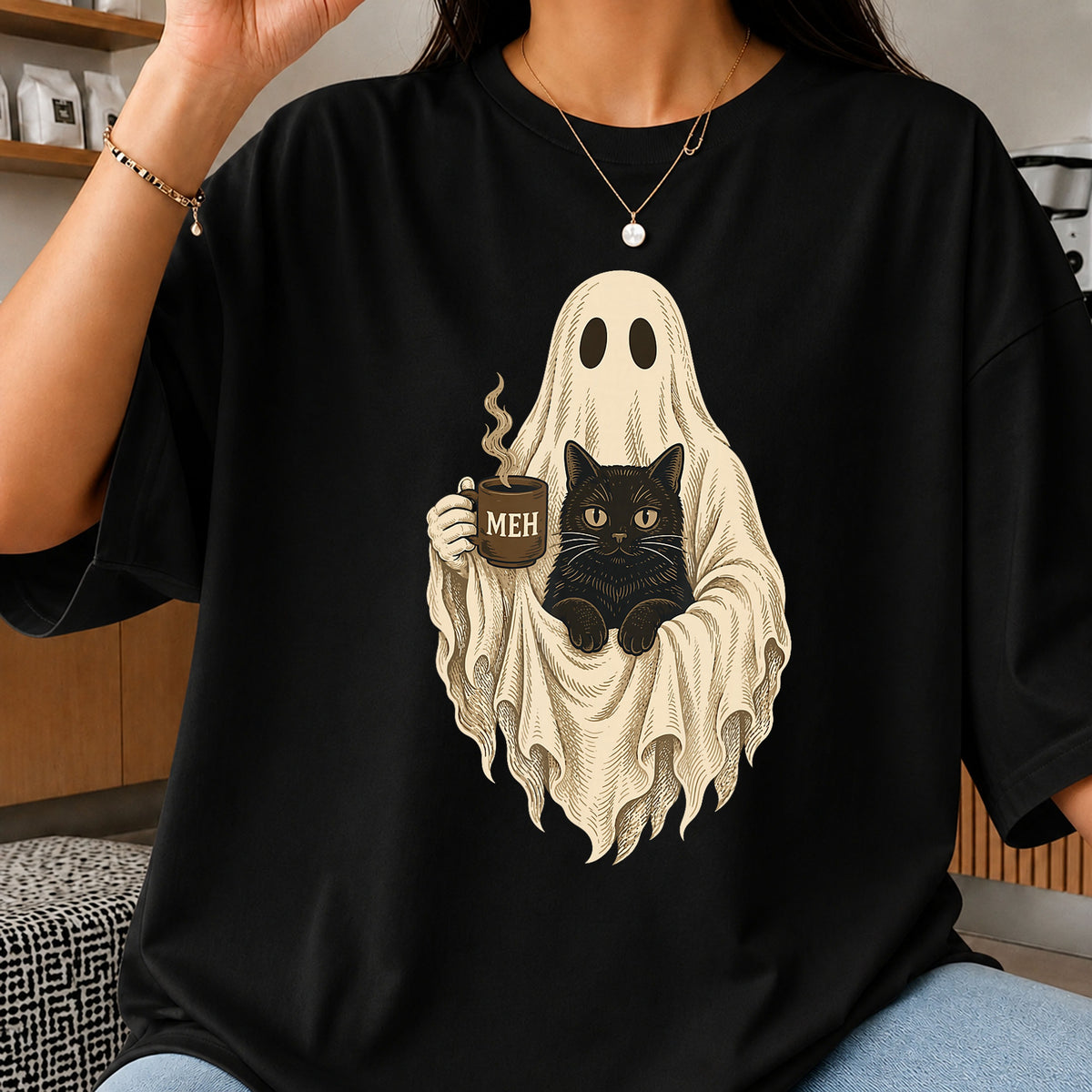 Ghost With Black Cat And Meh Coffee Mug, Spooky Sheet Halloween PNG