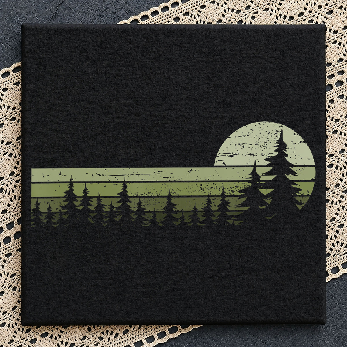 Retro Pine Trees Forest Moon Landscape Clipart PNG