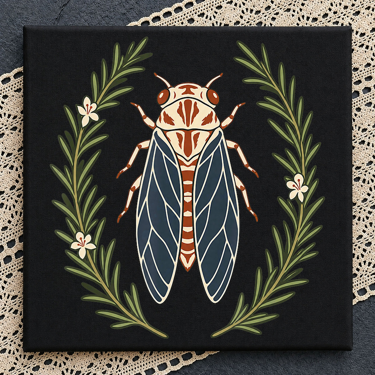 Floral Cicada Wreath Botanical Insect Art PNG