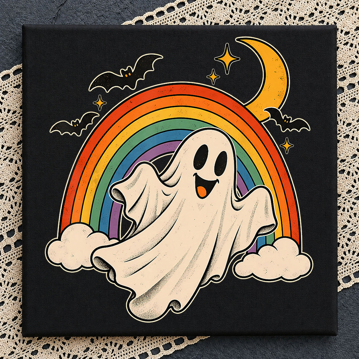 Retro Rainbow Ghost Halloween Bats Moon Spooky PNG