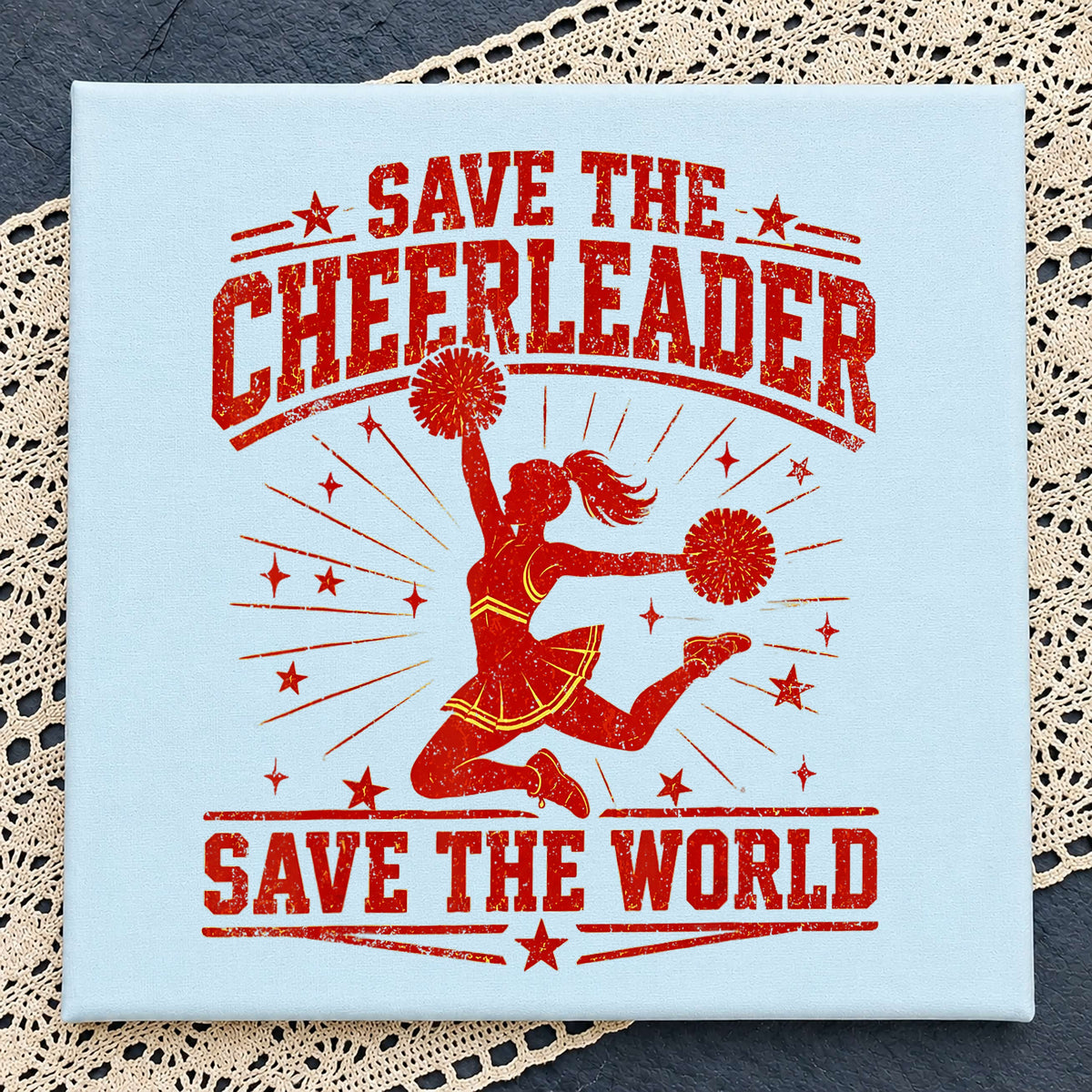 Save The Cheerleader Save The World Quote, Red Grunge Jump Pose